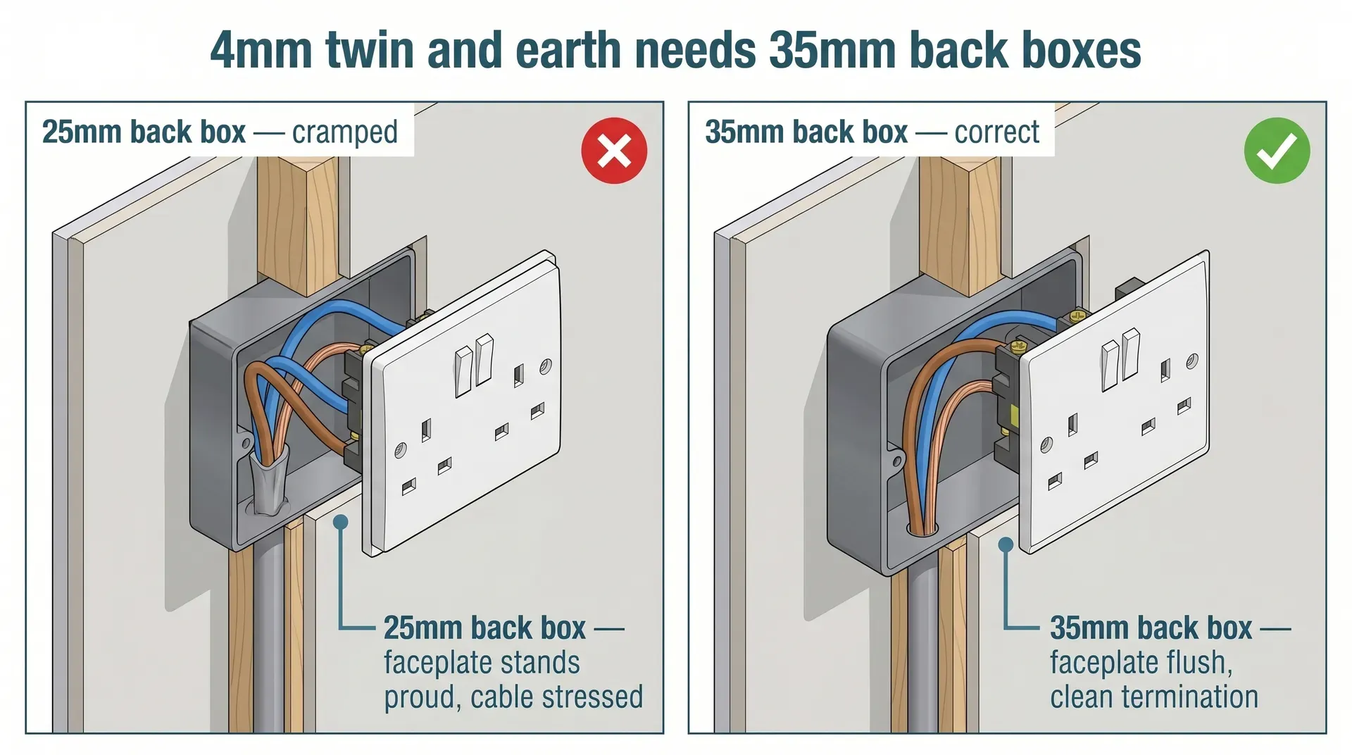 Side-by-side cross-section comparison of 4mm twin and earth cable terminating in a 25mm shallow back box (left, showing cramped conductors and faceplate standing proud of the wall) versus a 35mm deep back box (right, showing clean conductor dressing and faceplate sitting flush with the wall surface).