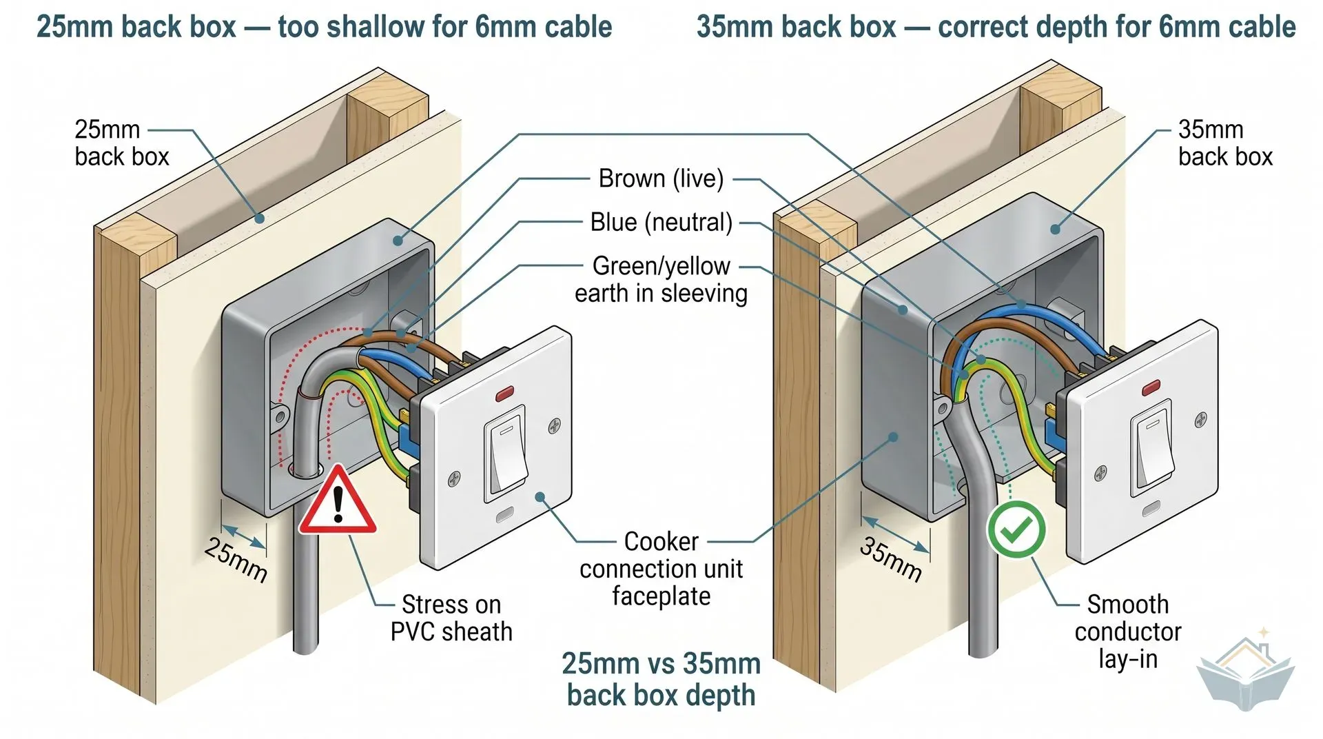 Isometric cutaway diagram showing two metal back boxes mounted side-by-side in a stud wall. The left box is 25mm deep: a 6mm twin and earth cable bends sharply inside the shallow space, with conductors crowded around the terminals and a red warning marker indicating stress on the PVC sheath. The right box is 35mm deep: the same cable curves gently into position, with brown live, blue neutral, and green/yellow earth conductors lying neatly into the terminals. Dimension annotations show 25mm and 35mm box depths respectively.