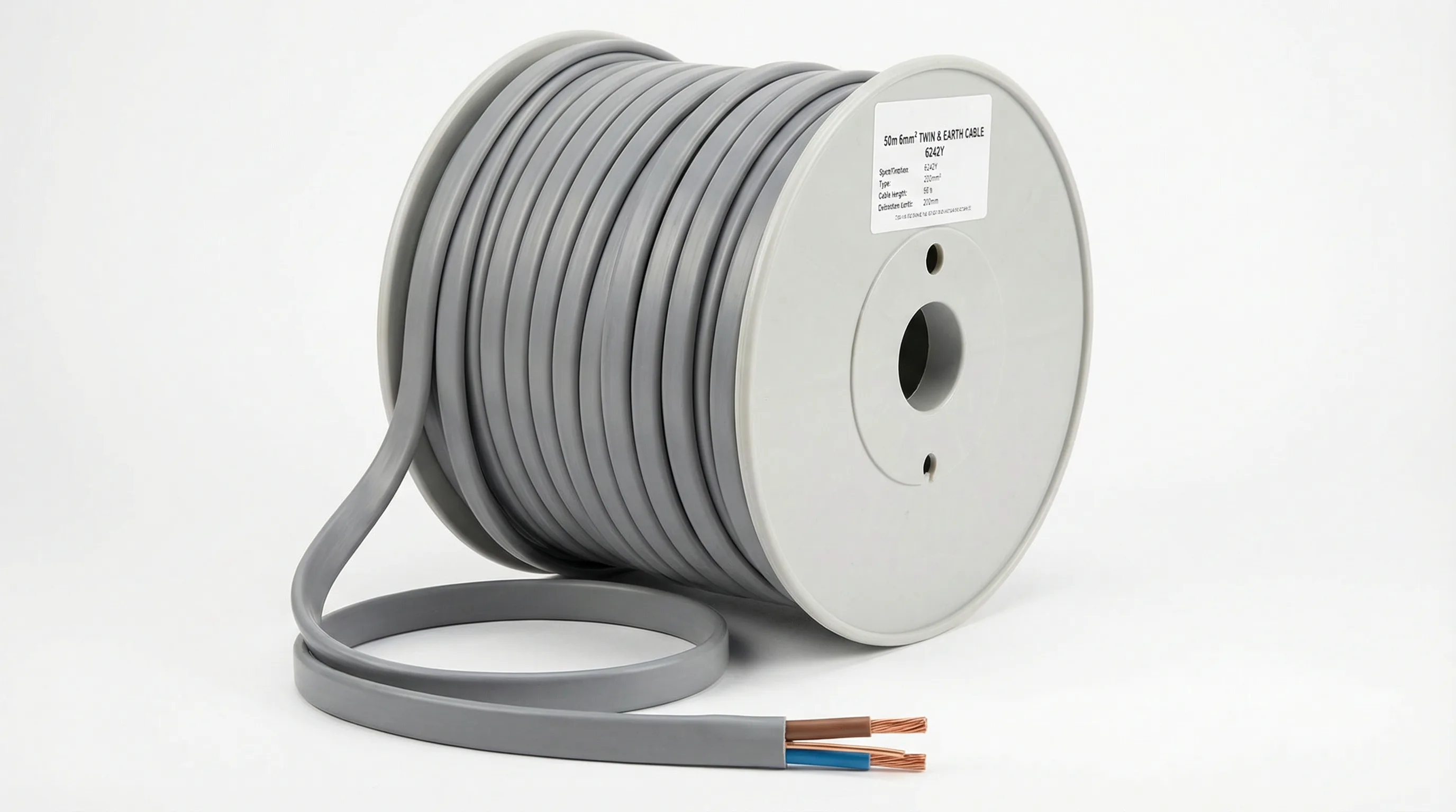 50m drum of 6mm twin and earth 6242Y cable showing grey PVC sheath and thick stranded copper conductors