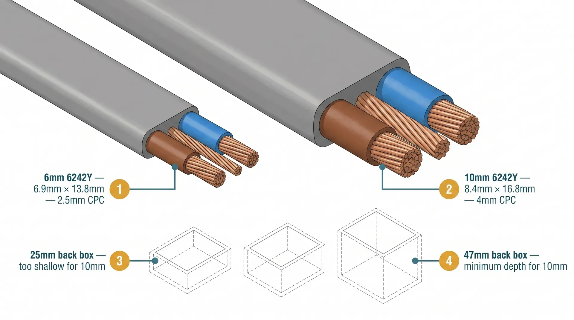 End-on cross-section view comparing 6mm and 10mm 6242Y twin and earth cable side by side at true scale, with three back box outlines at 25mm, 35mm, and 47mm depths illustrating the minimum box depth required for 10mm cable terminations.