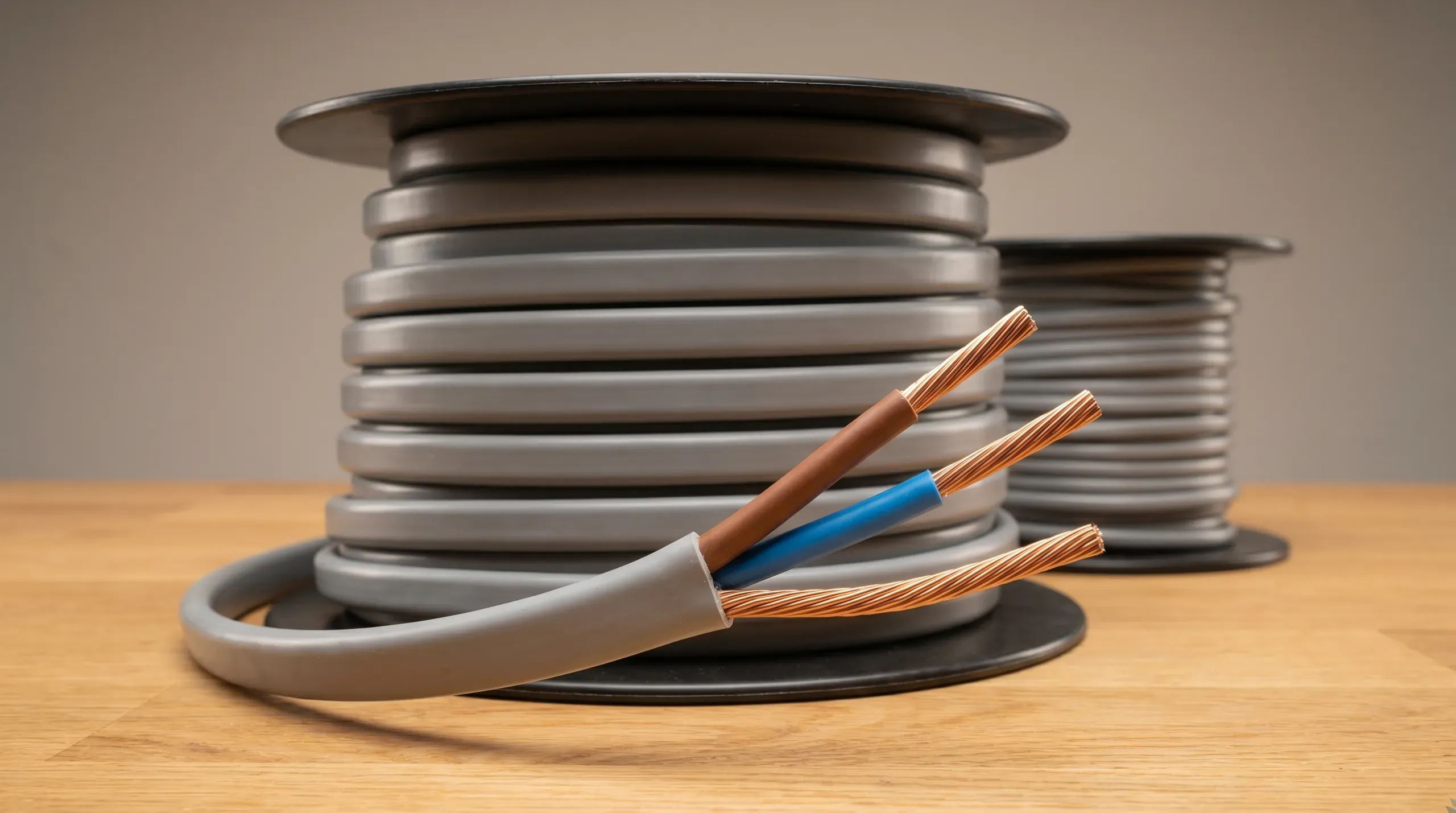 50m drum of 10mm twin and earth 6242Y cable showing thick grey PVC sheath and stranded copper conductors