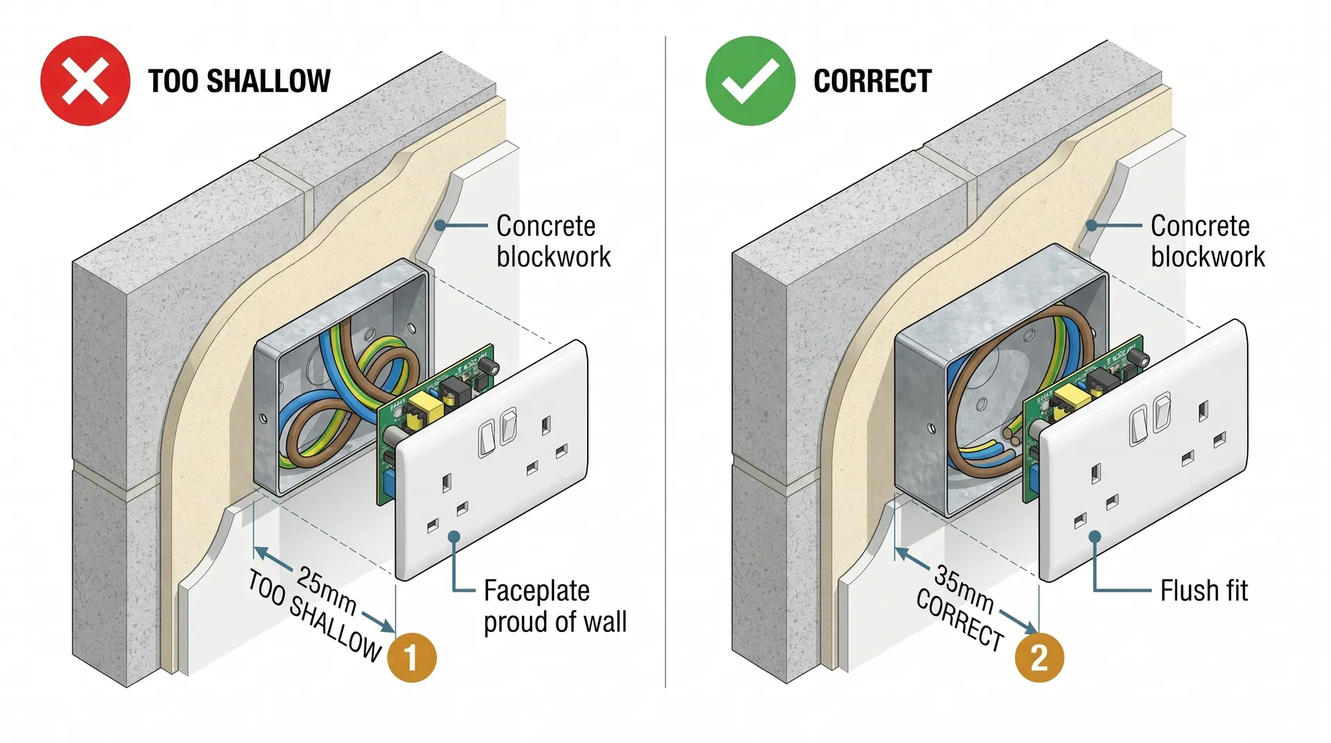 Side-by-side wall cross-sections showing a 25mm back box on the left where the USB socket faceplate sits proud of the wall due to insufficient depth, compared with a 35mm back box on the right where the faceplate fits flush against the finished plaster surface.