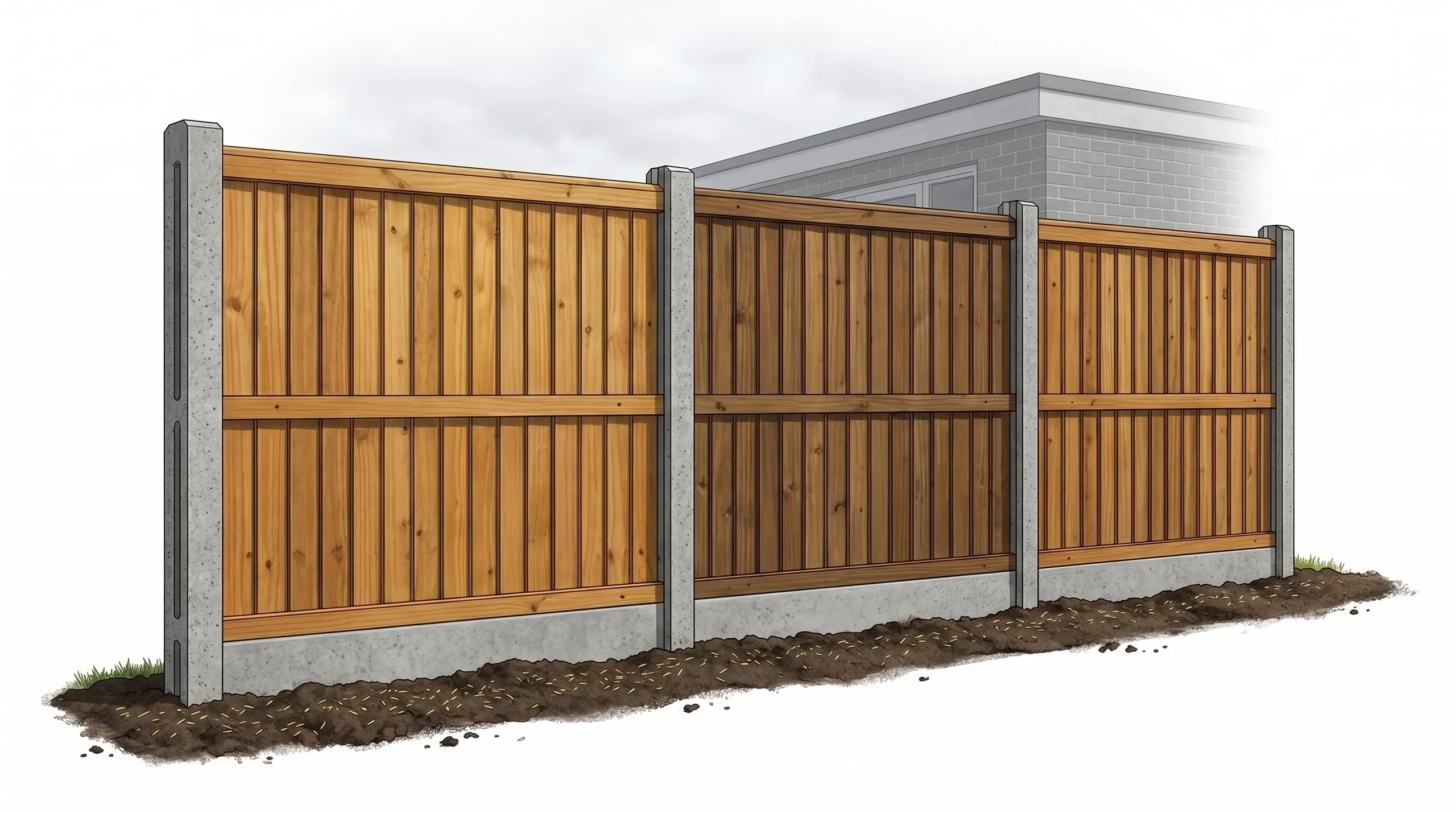 Close-up of newly installed pressure-treated closeboard fence panels slotted between concrete posts with a concrete gravel board at the base, pictured in a suburban UK back garden