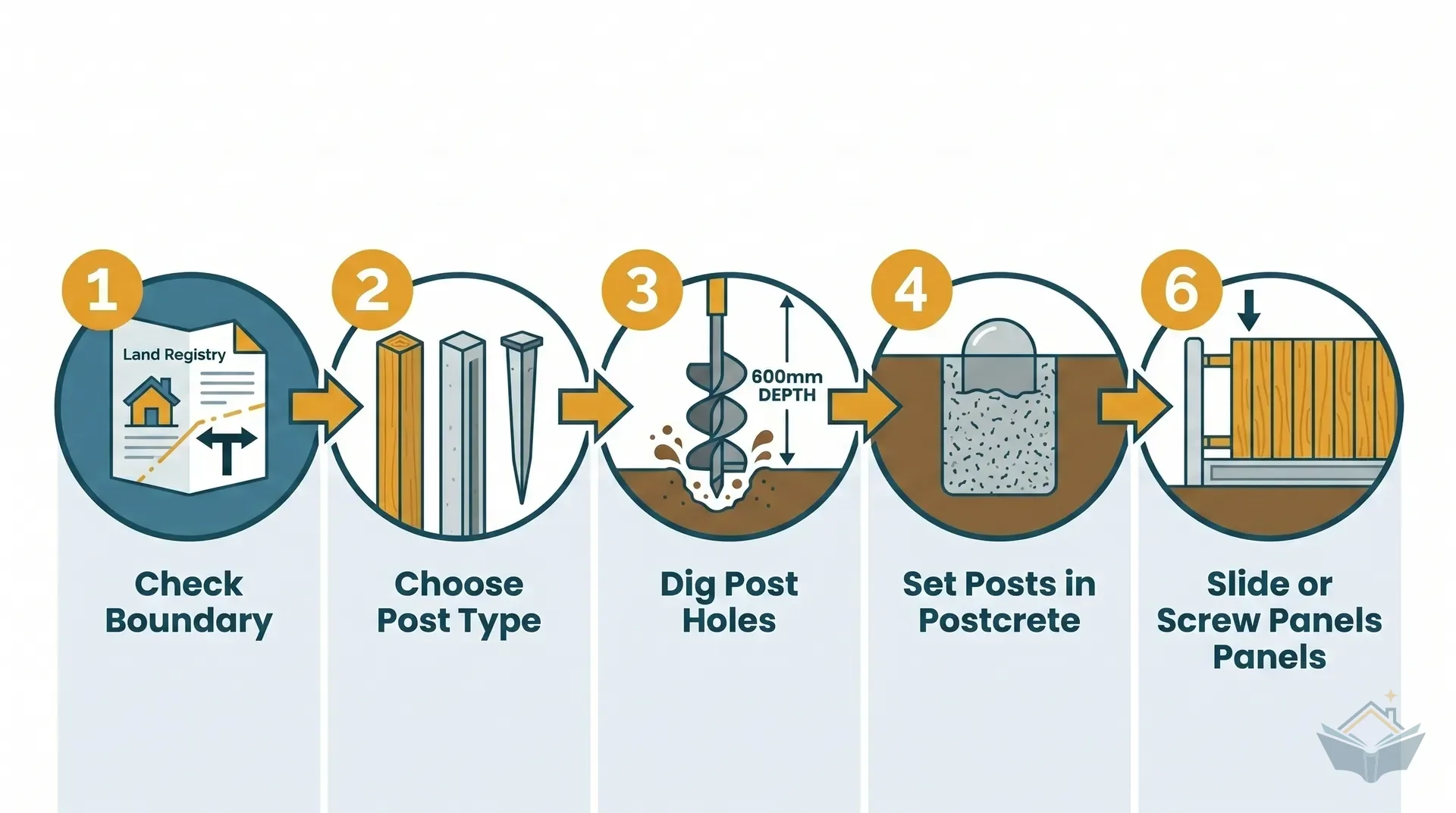 Six-step flat vector process infographic showing the fence installation sequence: check boundary ownership from Land Registry, choose post type, dig post holes to 600mm depth, set posts in postcrete with a domed collar, fit concrete gravel boards at ground level, then slide or screw fence panels into position.