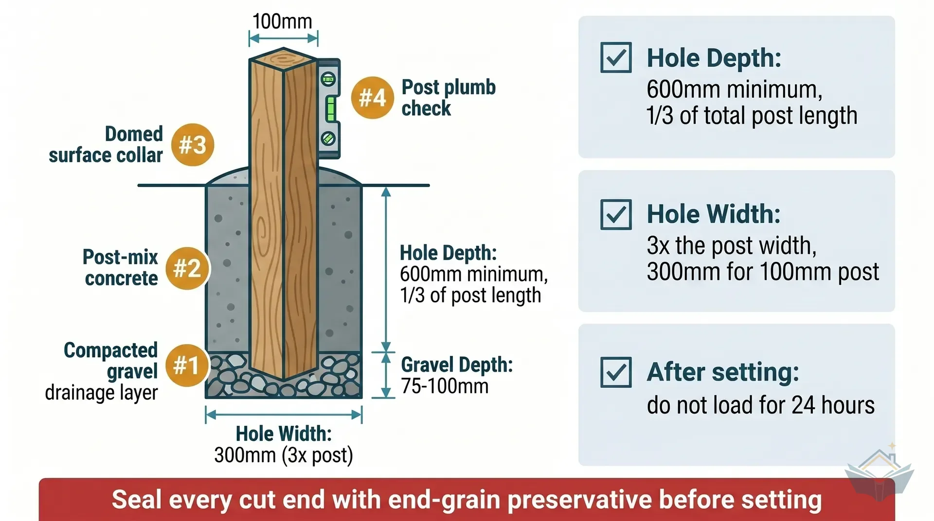 Five-scenario flat vector infographic comparing recommended post burial depths for different site conditions: standard garden 600mm, sandy or waterlogged soil 750mm, exposed or coastal site 900mm, gate post 750-800mm, and corner post 750mm. Each scenario shown as a side-profile post diagram with depth dimension callout and brief condition label. Teal depth arrows, amber condition badges, white background.
