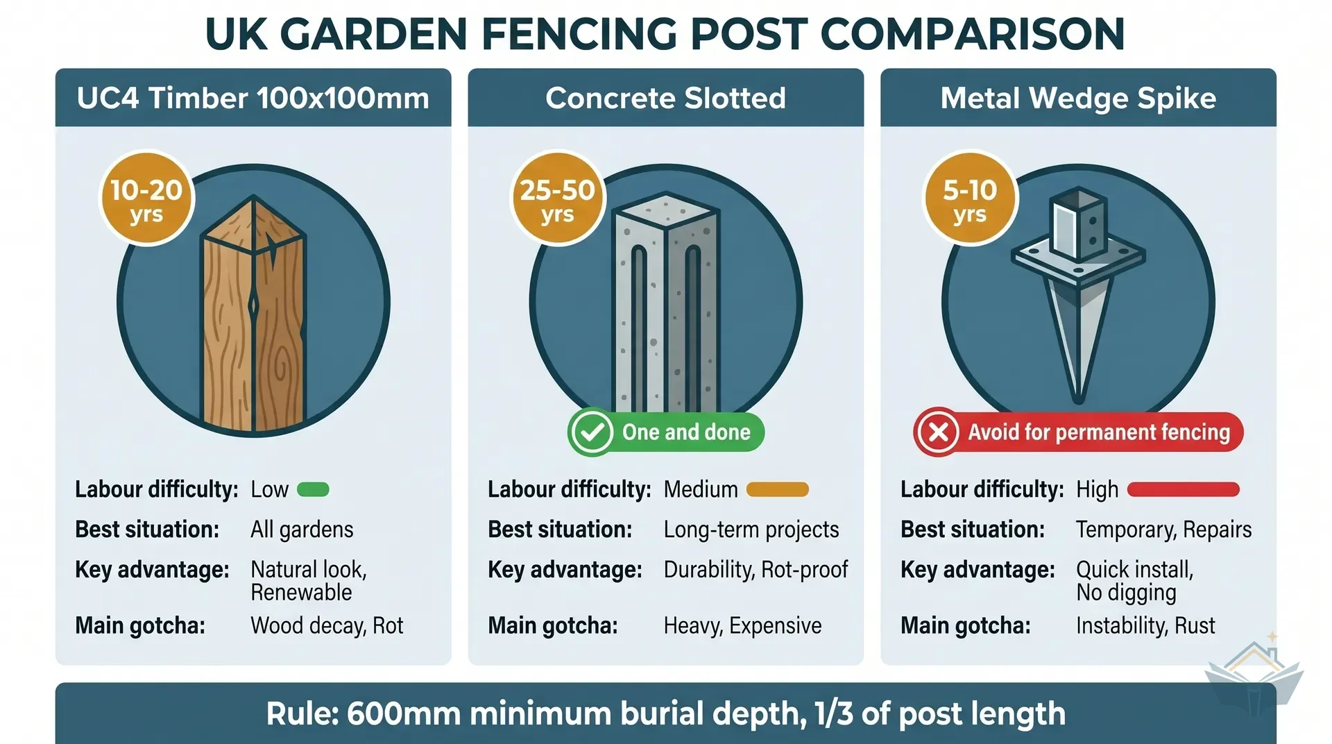 Three-panel flat vector infographic comparing UC4 timber post, concrete slotted intermediate post, and galvanised metal wedge-grip spike side by side. Each panel shows the post type with its typical lifespan, cost range, and best application scenario. Teal header bars label each type, amber badges show lifespan in years, and a bottom row of icons compares installation difficulty.