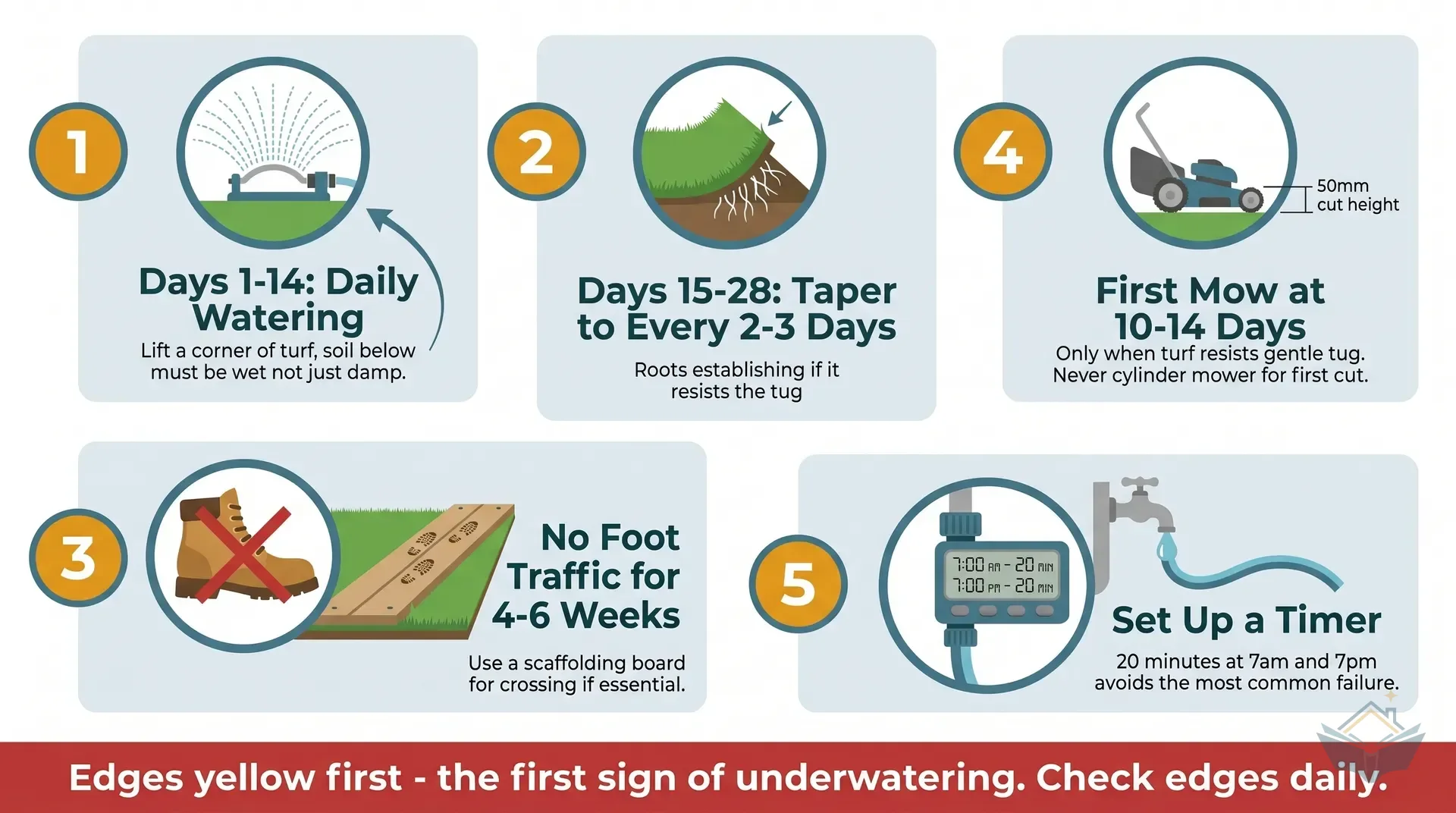 Five-step timeline infographic showing first-fortnight turf care. Step 1 Days 1-14 shows an oscillating sprinkler icon with daily watering label. Step 2 Days 15-28 shows a calendar with reducing frequency arrows. Step 3 shows a crossed-out footprint icon labelled No foot traffic for 4-6 weeks. Step 4 Days 10-14 shows a lawn mower at 50mm cut height. Step 5 shows a weekly mowing sequence progressively lowering to 25-30mm. Teal step circles with amber number badges on white background.