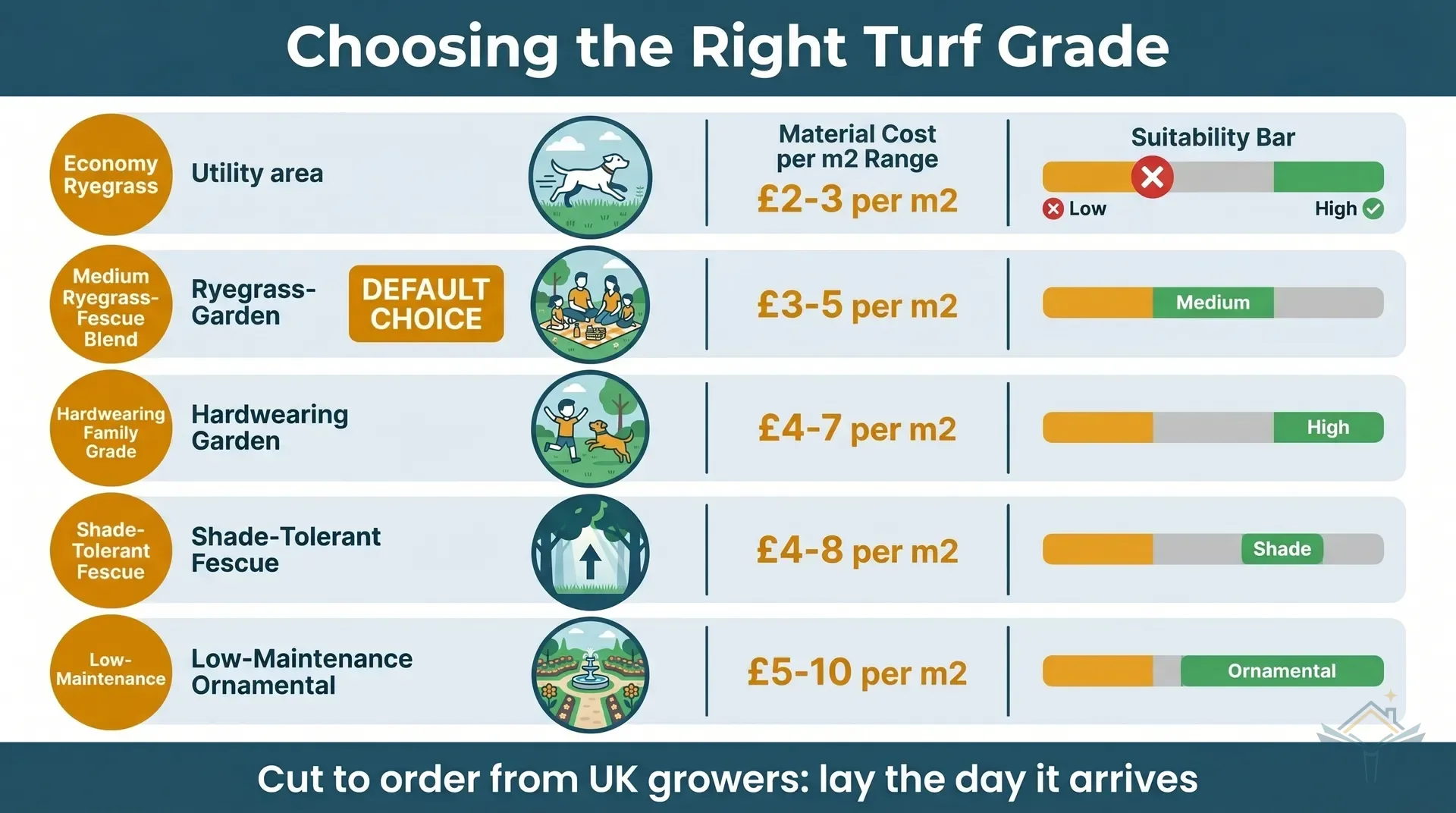 Five-column infographic dashboard showing UK turf grade selection for domestic gardens. Each column represents a grade from economy ryegrass through to low-maintenance ornamental, with icon rows comparing cost per m2, wear tolerance, shade tolerance, mowing frequency, and best application scenario. The medium ryegrass-fescue column is highlighted with an amber banner labelled Most common choice for extension reinstatement.