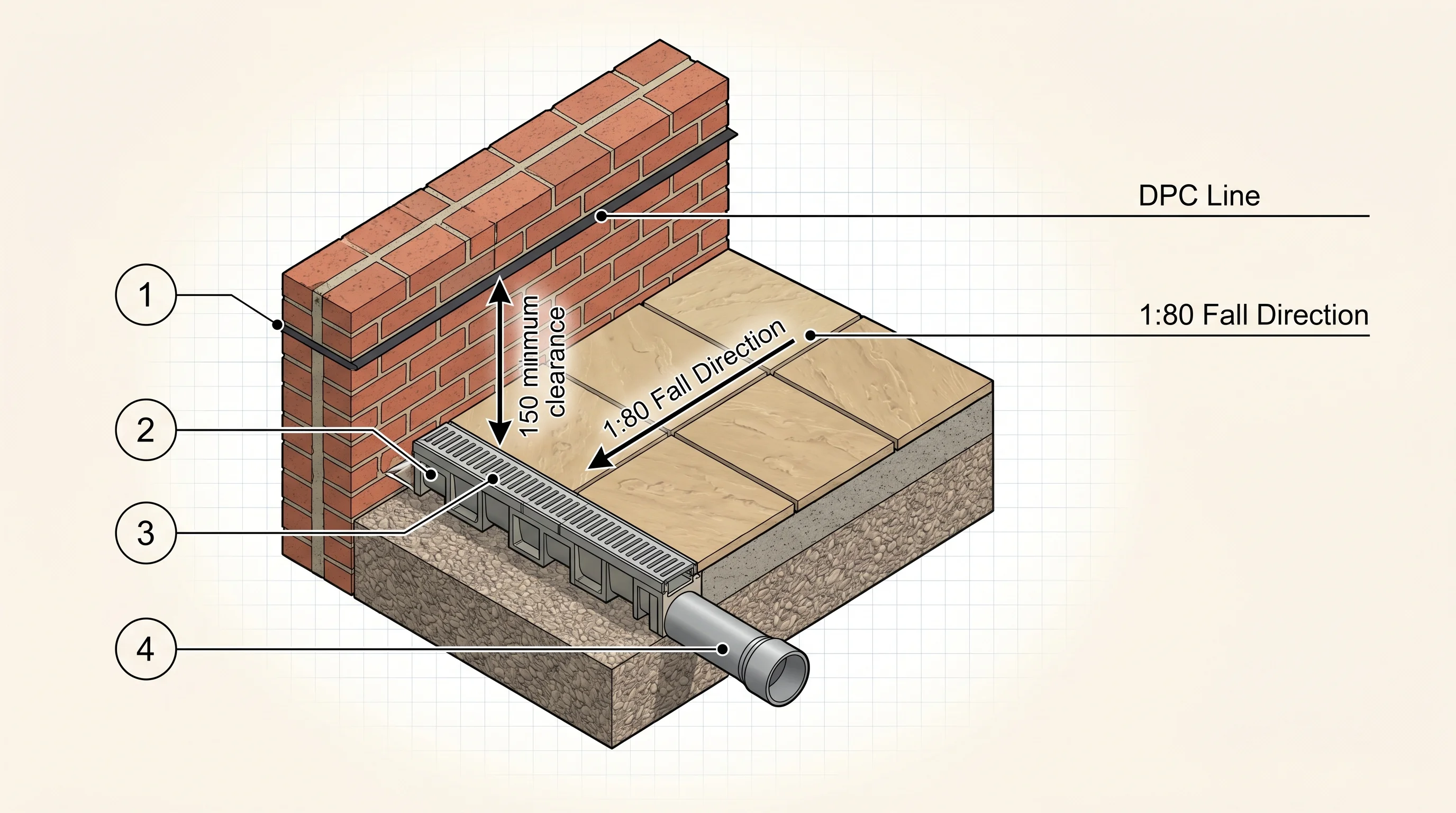 Technical isometric cutaway diagram showing a cross-section through the rear wall of a UK house extension and adjacent patio. The brick wall on the left shows the DPC membrane two courses above paving level, with a vertical dimension arrow indicating 150mm minimum clearance. Sandstone paving slabs on a mortar bed and compacted hardcore sub-base extend to the right, sloping away from the wall at a 1:80 gradient. An ACO-style threshold drainage channel sits at the door line with a soakaway pipe below. Four numbered callouts label the DPC line, 1:80 fall direction, threshold drainage channel, and soakaway pipe.