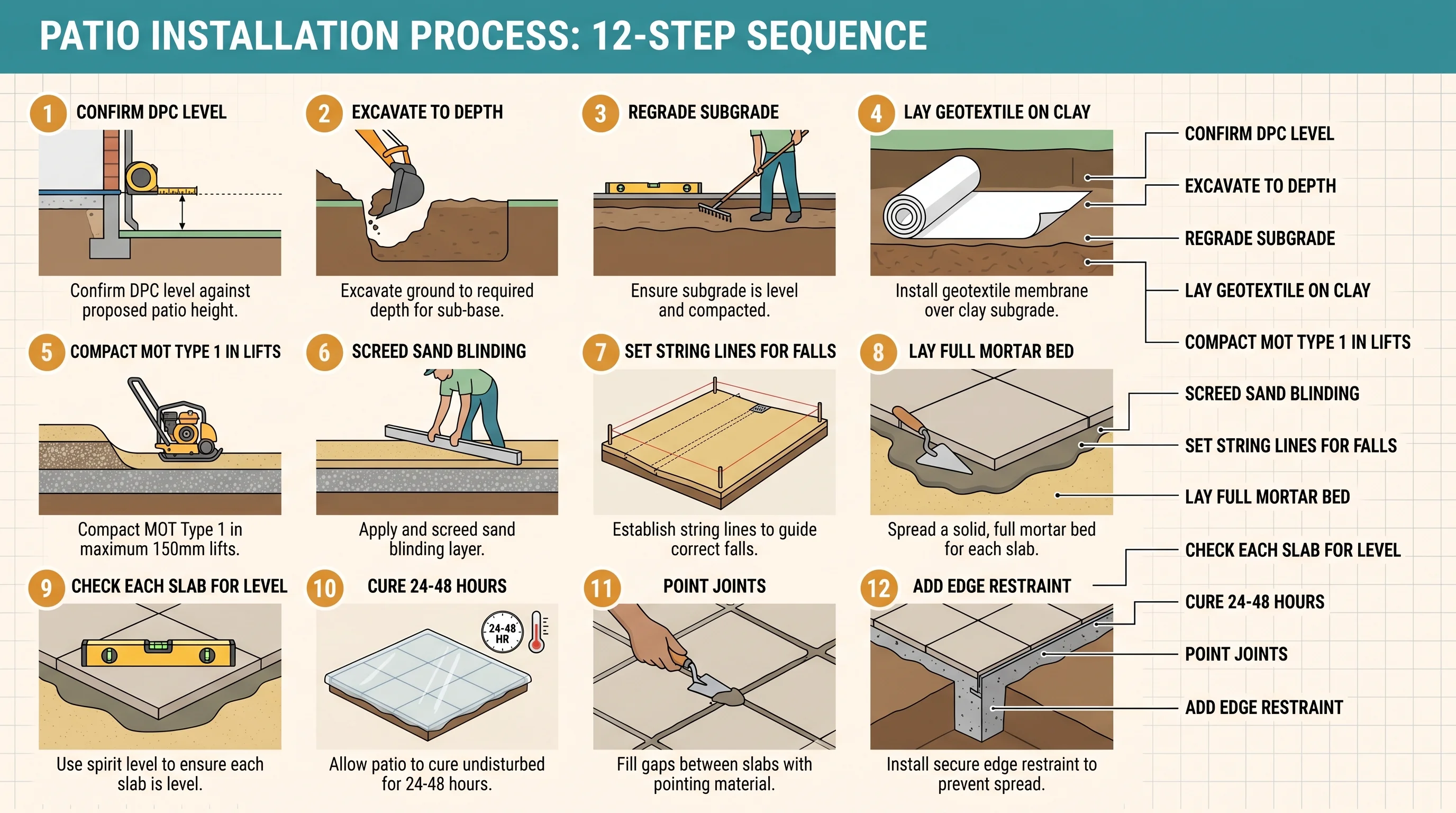 Twelve-step flat vector process infographic showing the patio installation sequence in a 4x3 grid. Steps include: confirm DPC level, excavate to depth, regrade subgrade, lay geotextile on clay, compact MOT Type 1 in lifts, screed sand blinding, set string lines for falls, lay full mortar bed, check each slab for level, cure 24-48 hours, point joints, and add edge restraint. Amber step number badges, teal header bar, clean sans-serif labels.