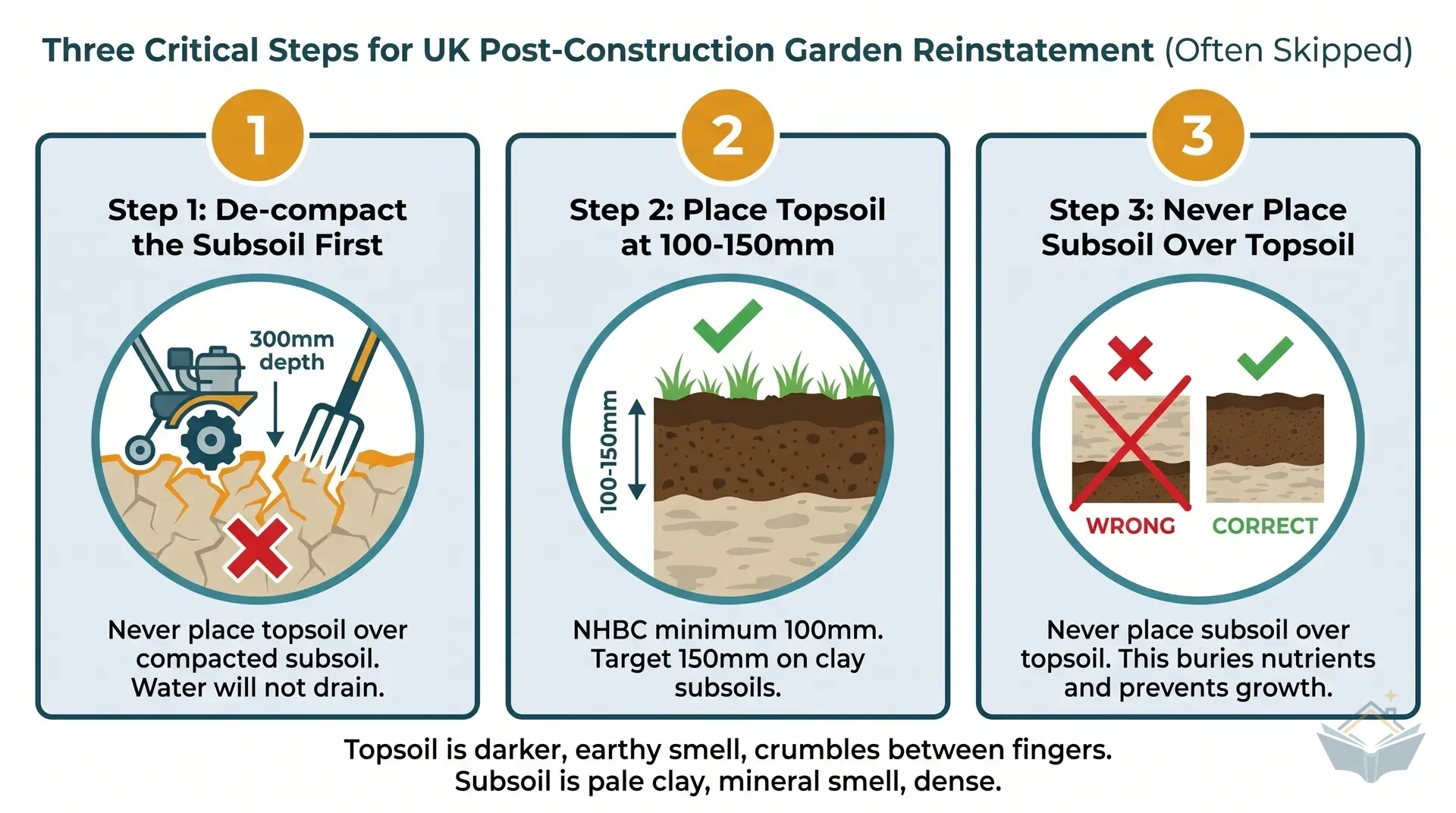 Three-panel flat vector infographic showing the three non-negotiable topsoil reinstatement rules. Panel 1 shows a layer diagram labelled Subsoil first, topsoil on top with a red cross over a reversed layer order. Panel 2 shows a rotavator working the subsoil to 300mm depth labelled Decompact subsoil before topsoil. Panel 3 shows a builder spreading topsoil with a minimum depth gauge at 100mm labelled Minimum 100mm depth, target 150mm on clay. Teal header bars, amber rule number badges.