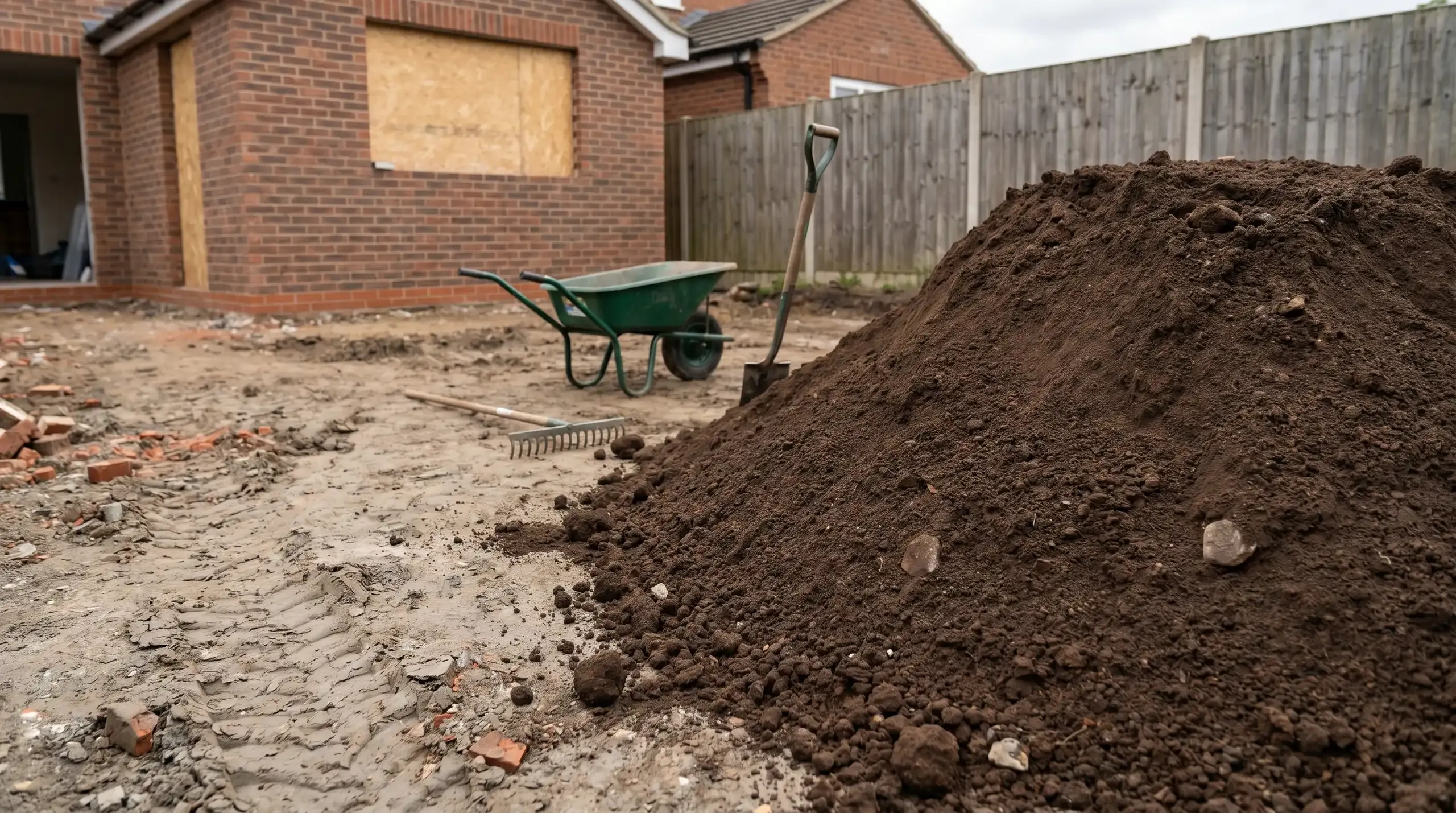 Photorealistic wide shot of a construction-churned rear garden with a tipped heap of dark brown screened topsoil on the foreground and the bare compacted clay subsoil of the new extension footprint behind, with a rake and wheelbarrow in view