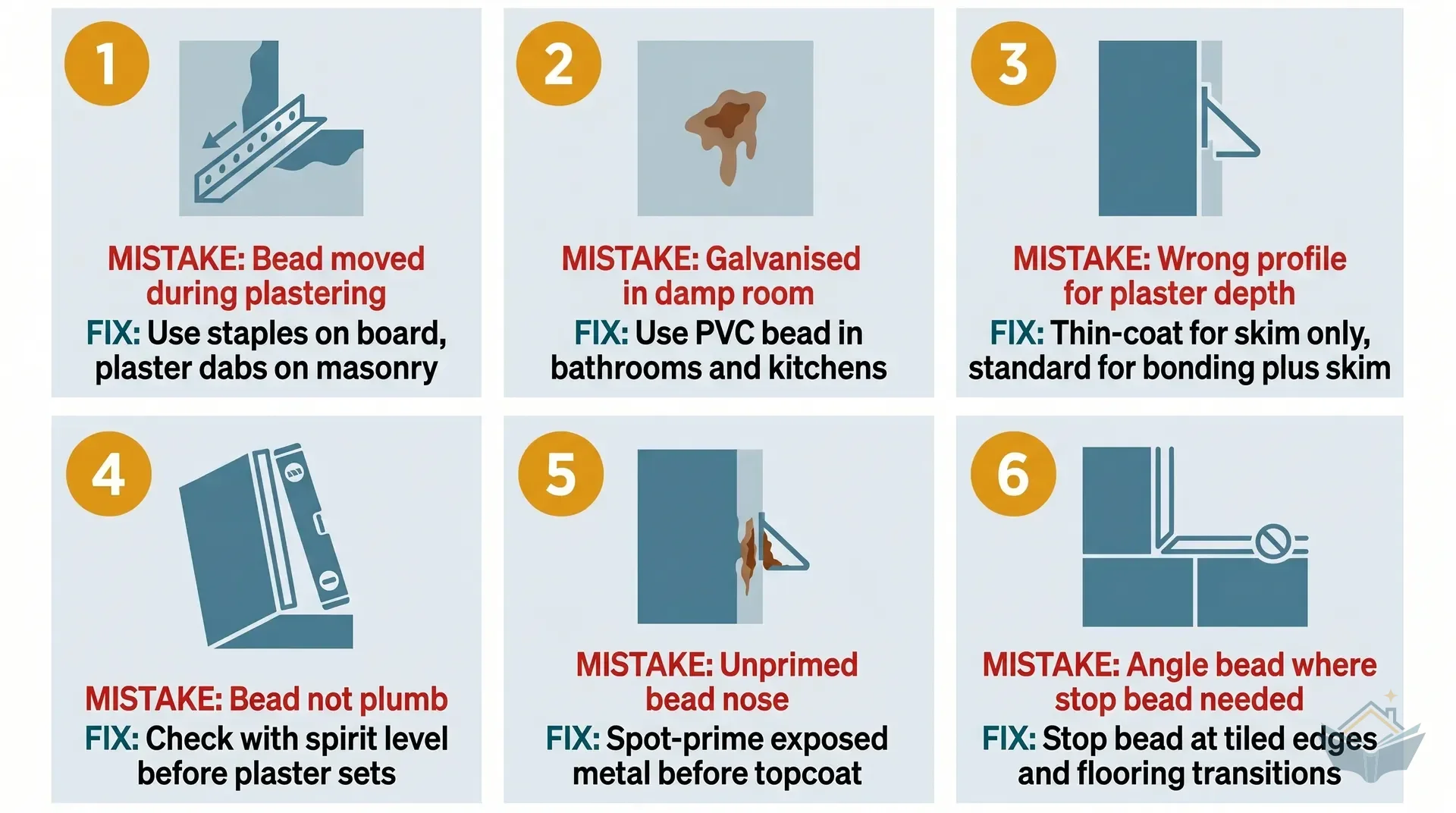 Five-panel flat vector grid showing common angle bead mistakes. Panel 1: bead moving during plastering due to nail-only fixing. Panel 2: galvanised bead in a damp bathroom with rust stain bleeding through paint. Panel 3: wrong profile showing thick-coat bead protruding from a skim-only wall. Panel 4: bead out of plumb with a visible lean once plastered. Panel 5: unprimed bead nose showing rust at the paint surface. Each panel has an amber badge with mistake number and teal label bar.