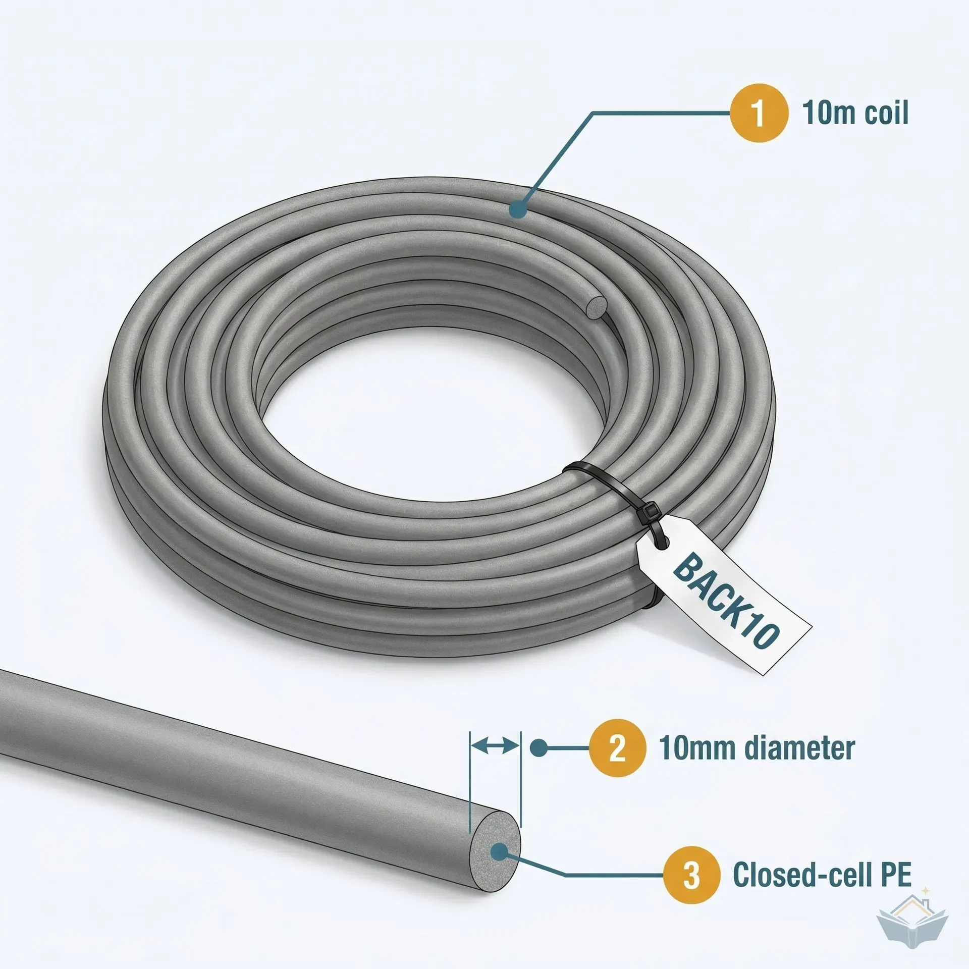 A 10m coil of grey closed-cell polyethylene foam backer rod at 10mm diameter, with a short cut length laid alongside showing the smooth grey foam exterior and round cross-section profile