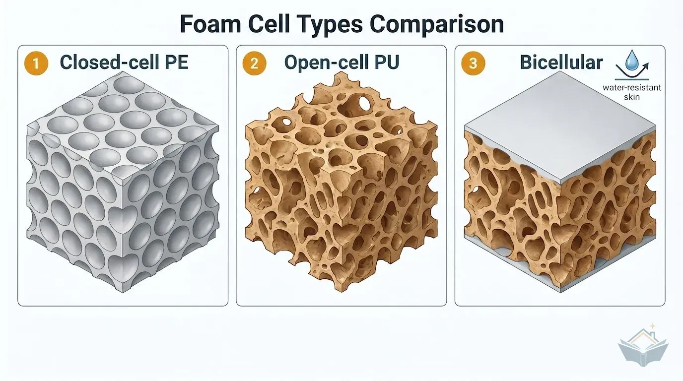 Three magnified cross-section panels comparing foam cell structures: closed-cell PE with sealed bubbles repelling water, open-cell PU with interconnected porous channels absorbing water, and bicellular foam with a closed outer skin and open inner core