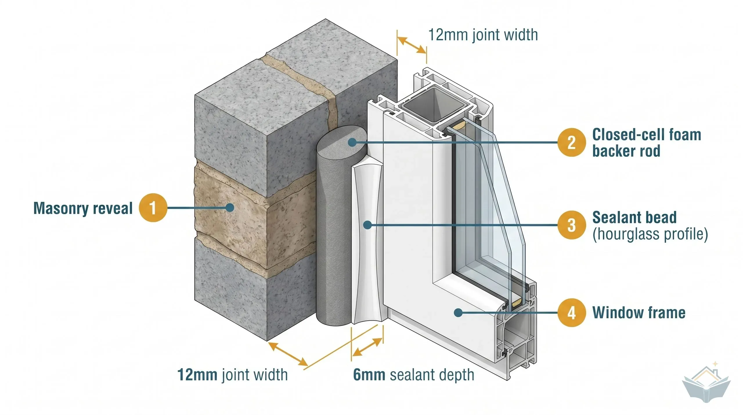 Cross-section diagram of a window perimeter joint showing closed-cell foam backer rod pushed into the gap and a coloured silicone sealant bead tooled to an hourglass profile in front of it