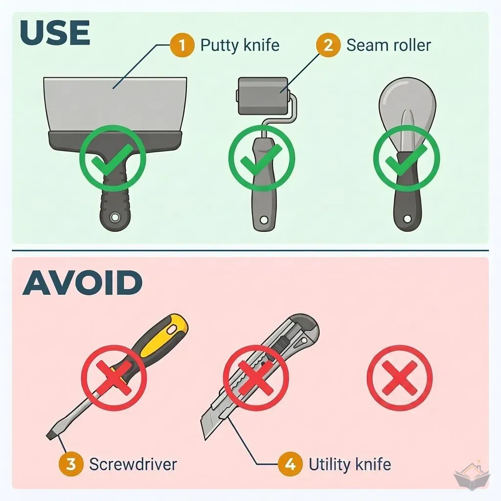 Two-panel illustration showing safe backer rod insertion tools (putty knife, seam roller, jointing tool, each with a green tick) versus tools that damage closed-cell foam (screwdriver, utility blade, scissor points, each with a red cross)
