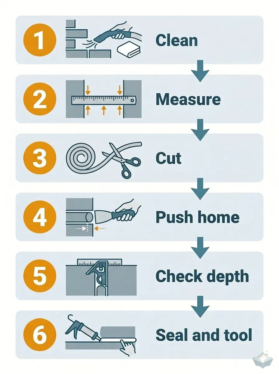 Six-step vertical infographic showing the backer rod installation procedure: 1 Clean the joint, 2 Measure the gap, 3 Cut the rod, 4 Push home with a blunt tool, 5 Check depth, 6 Apply and tool the sealant