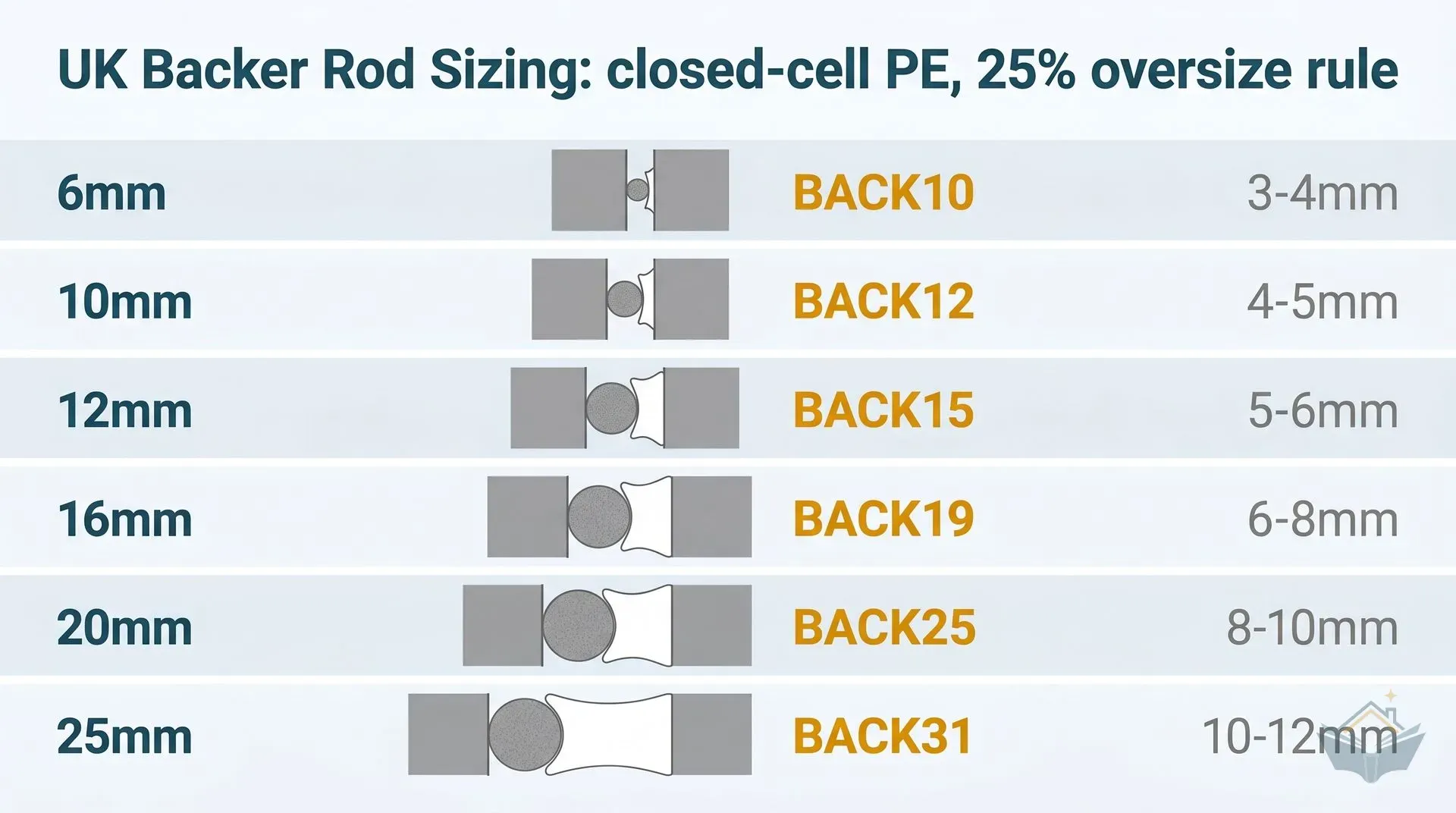 Infographic chart pairing six UK joint widths (6mm through 25mm) with the correct closed-cell PE backer rod product code and required sealant depth, applying the 25% oversize rule