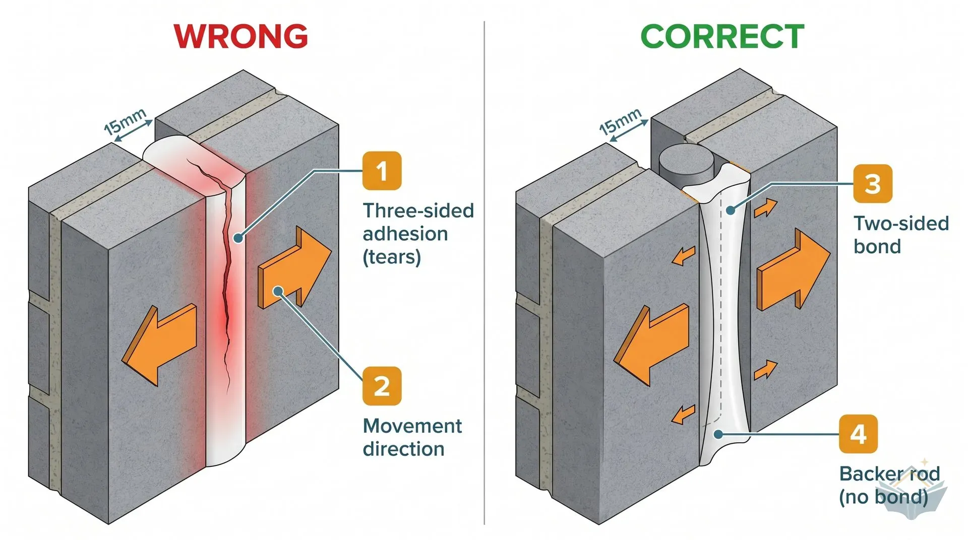 Side-by-side cross-section comparison: on the left, a sealant bead with three-sided adhesion showing a vertical crack through the centre; on the right, the same joint with a foam backer rod preventing rear adhesion and the bead flexing correctly