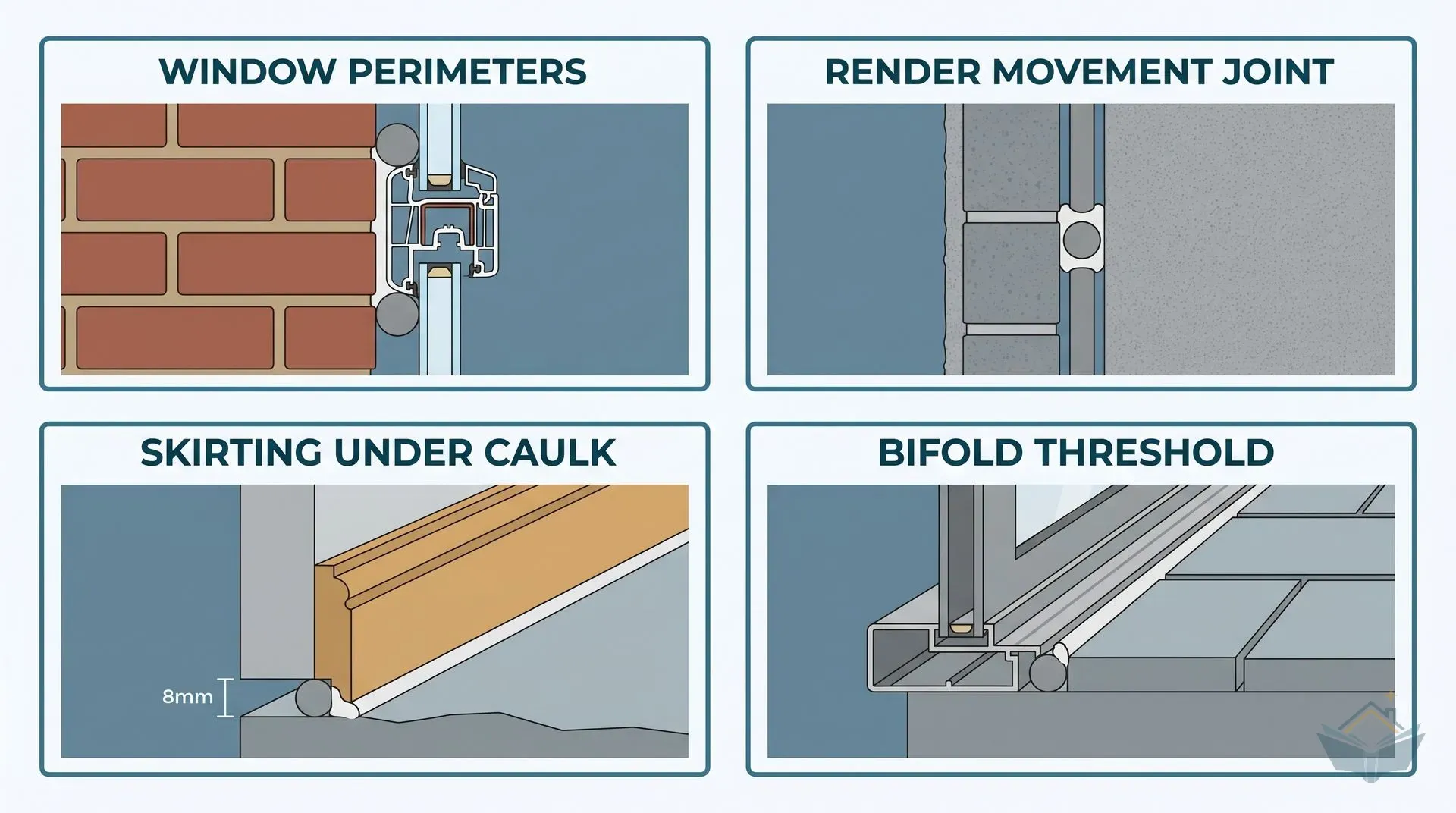 Four-panel infographic dashboard showing the common UK domestic backer rod applications: external window frame perimeter joints, vertical render movement joints, wide skirting-to-floor gaps under caulk, and bifold door threshold details