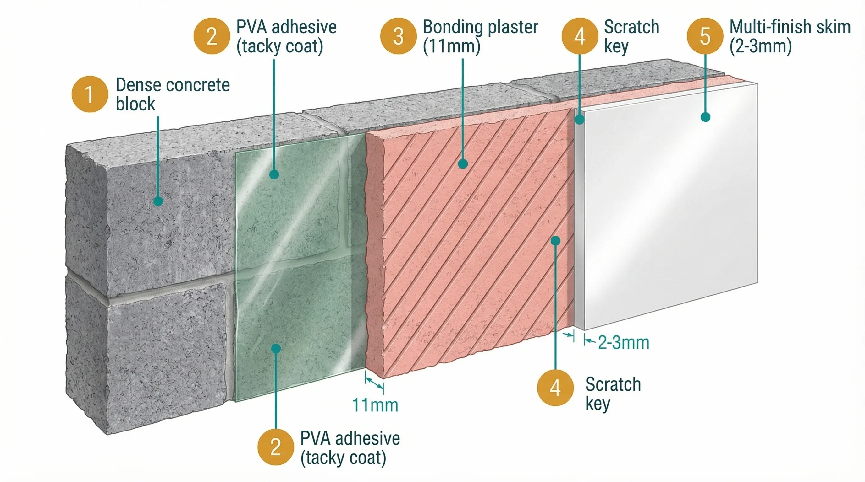 Cross-section showing bonding plaster applied to a dense concrete block wall, with scratched key marks visible on the surface, ready for a skim coat of multi-finish plaster