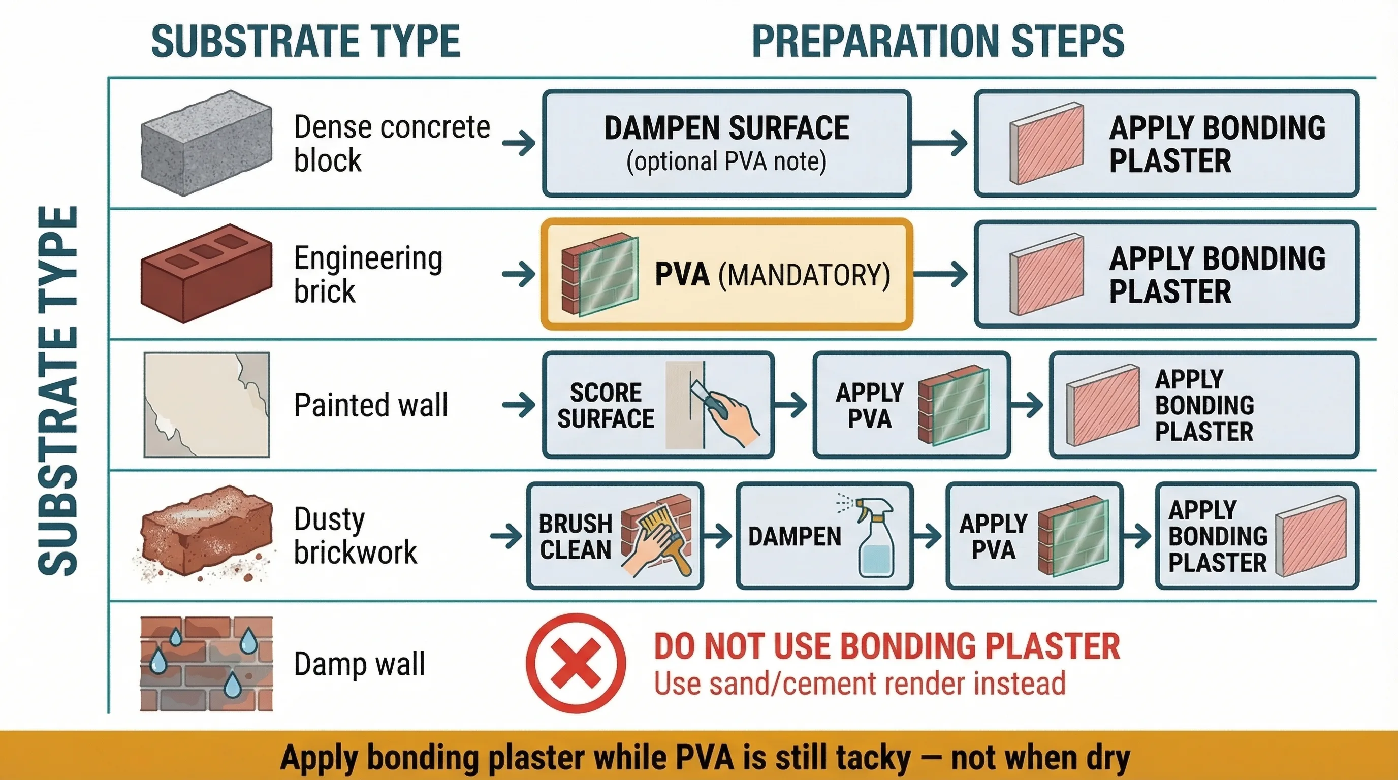 Decision guide showing the correct surface preparation method for five substrate types before applying bonding plaster: dense concrete block (dampen, optional PVA), engineering brick (PVA mandatory), painted wall (score then PVA), dusty brickwork (brush, dampen, then PVA), and damp wall (do not use bonding plaster, use sand/cement render instead).