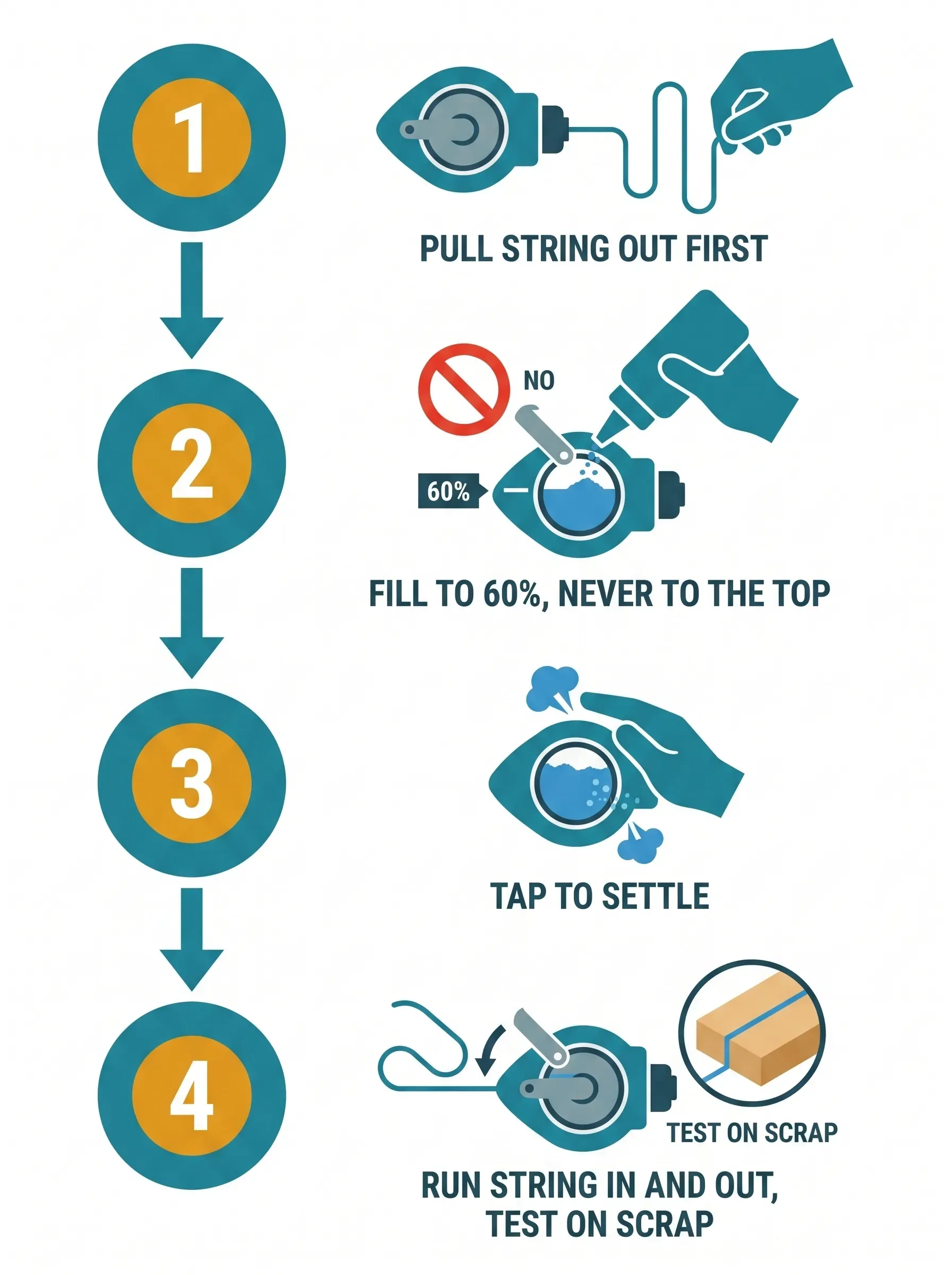 Four-step vertical process diagram showing how to refill a chalk reel: step 1 pull string out first, step 2 fill to 60% only with a red no-symbol at the top, step 3 tap the reel to settle powder, step 4 run string in and out then test snap on scrap timber.