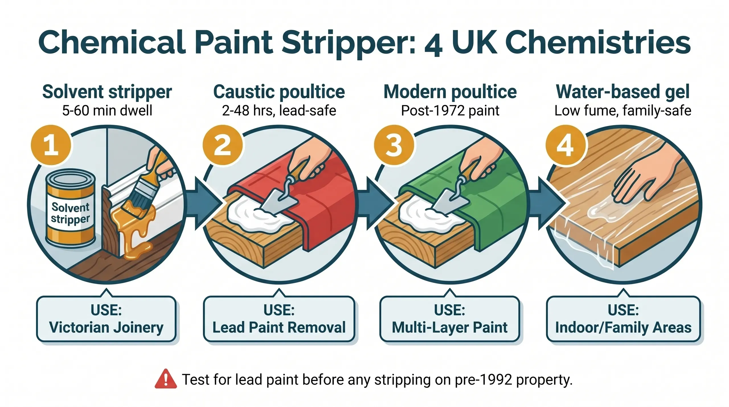 Three tins of UK paint stripper - Barrettine Paint Panther solvent, Peel Away 1 red-blanket lead-safe poultice, and water-based Home Strip - lined up on a dust sheet next to a Victorian softwood skirting board with multiple paint layers visibly bubbling under a brush coat of stripper, with a combination shave hook, rubber gloves and goggles laid alongside