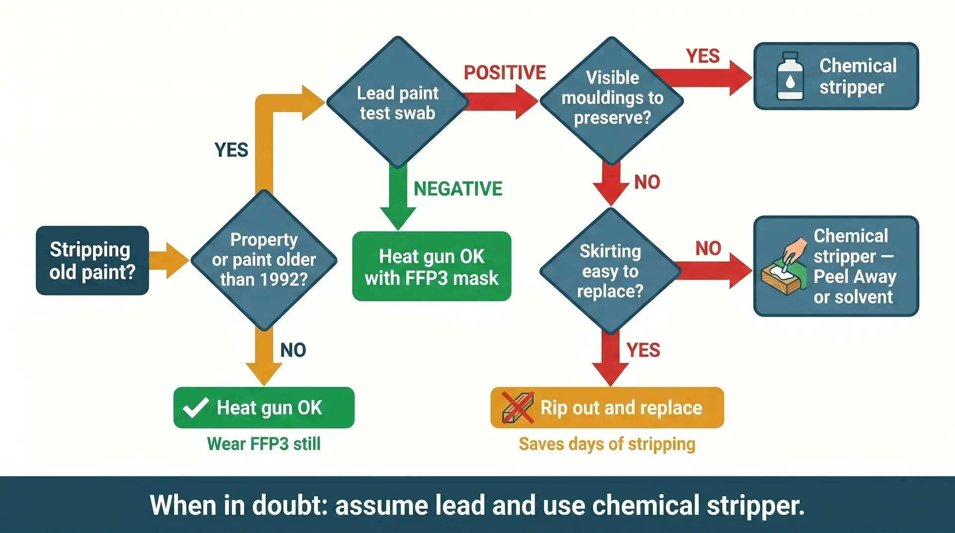 Decision flowchart for handling old paint on UK properties. Starting with 'Stripping old paint?' it branches on whether the property predates 1992. If no, a heat gun is acceptable with FFP3 protection. If yes, a lead paint test swab is required. A negative result permits heat gun use with FFP3. A positive result leads to further decisions: whether visible mouldings must be preserved (chemical stripper) and whether skirting is easy to replace (rip out versus chemical stripper). Footer: when in doubt, assume lead and use chemical stripper.