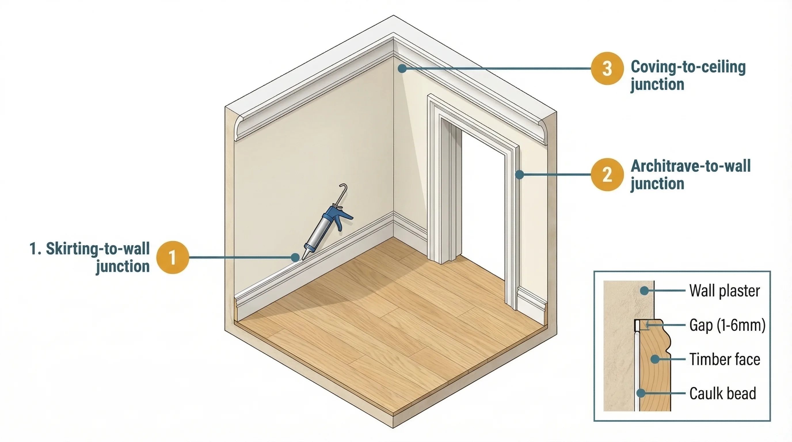 Annotated room corner showing where decorator's caulk is applied at skirting board, architrave, and ceiling line junctions