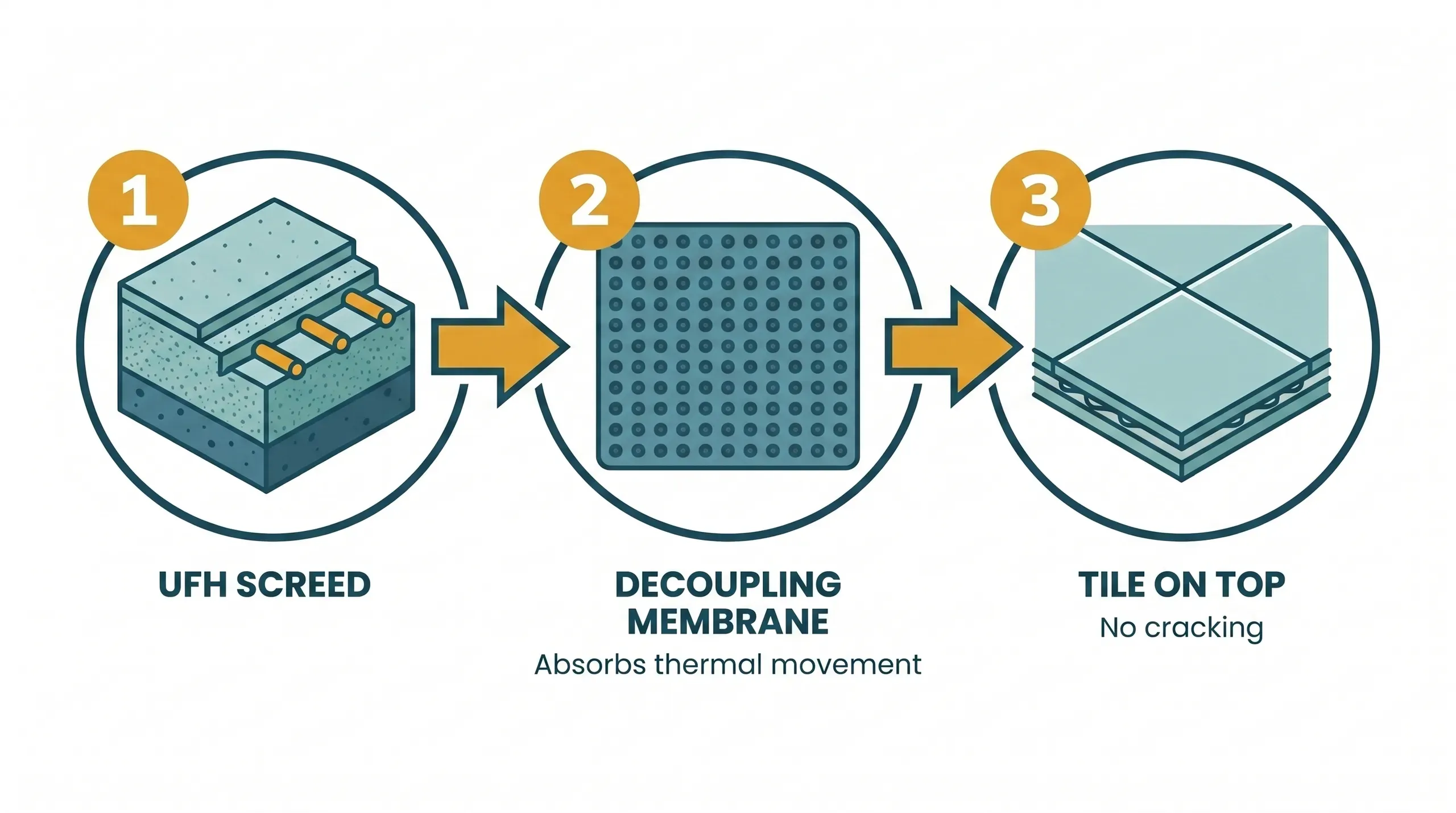 Cross-section infographic of a tiled underfloor heating build-up showing screed, primer, decoupling membrane, tile adhesive in the membrane cavities, and tile, with annotated layer dimensions