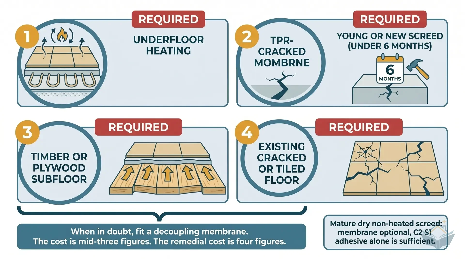 Four-panel decision infographic showing when a decoupling membrane is required. Panel 1: UFH present, red required badge. Panel 2: screed under 6 months old, amber recommended badge. Panel 3: plywood or timber subfloor, red required badge per BS 5385-3:2024. Panel 4: mature non-heated dry screed, green optional badge. Each panel shows a cross-section diagram icon and one-line reason text.