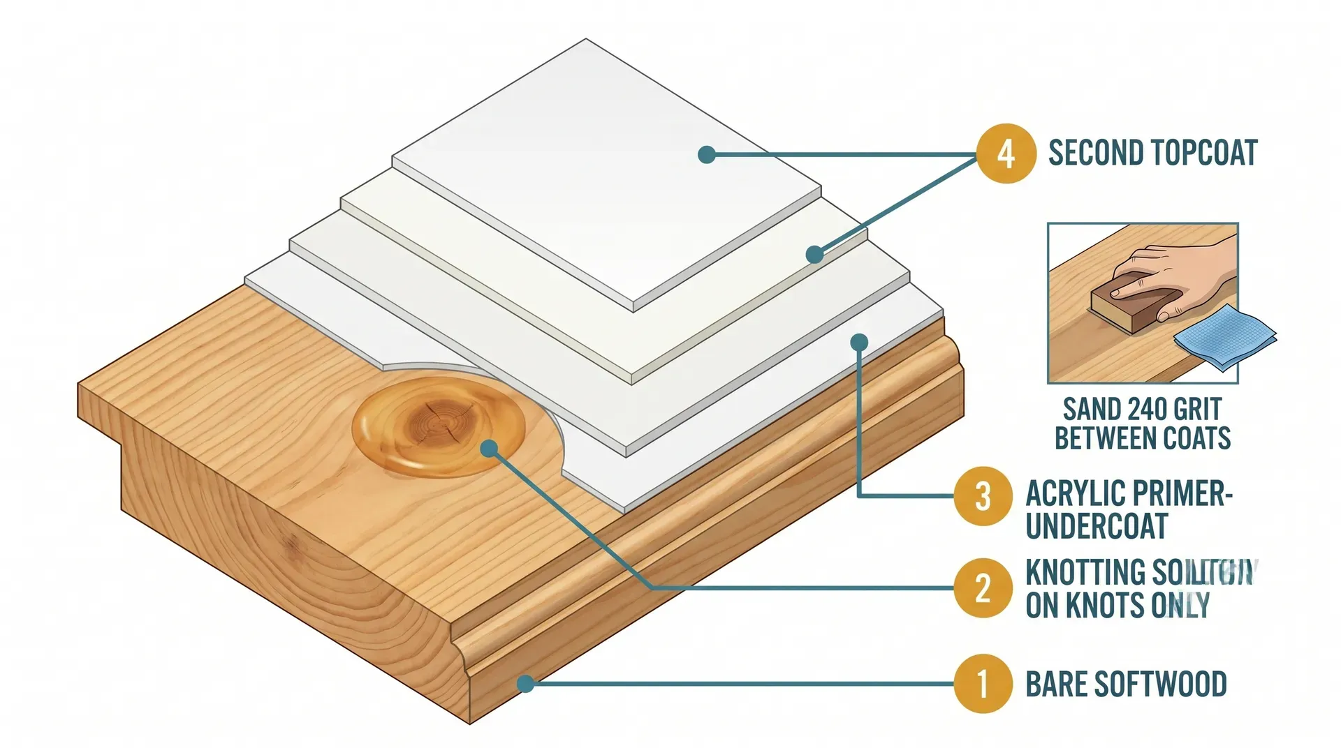 Technical isometric cutaway diagram of a softwood skirting board cross-section showing the five-layer paint build-up from the timber substrate to the finished topcoat. Numbered callouts identify: bare softwood, knotting solution spot-applied to a visible knot, acrylic primer-undercoat covering the full board, first satinwood topcoat, and second satinwood topcoat as the finished surface. A small inset shows a sanding block step between coats.