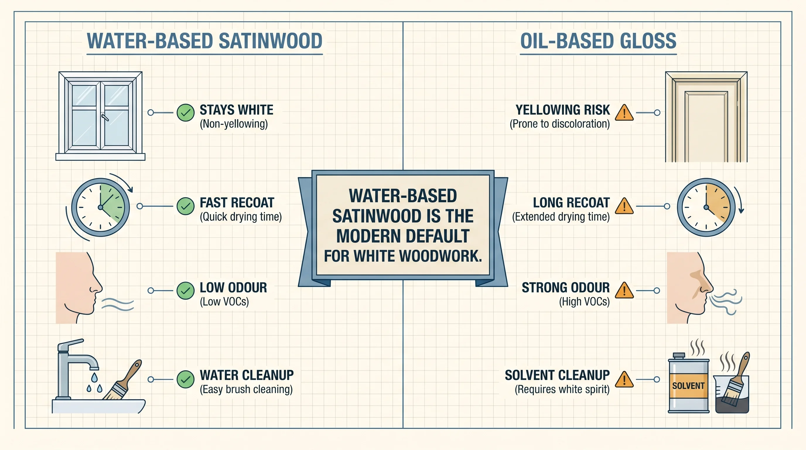 Split-panel comparison infographic contrasting water-based satinwood and oil-based gloss for UK extension woodwork. Left panel shows water-based with green tick icons for stays white, fast recoat, low odour, and water cleanup. Right panel shows oil-based with amber caution icons for yellowing risk, long recoat, strong odour, and solvent cleanup. A central verdict banner reads Water-based satinwood is the modern default for white woodwork.