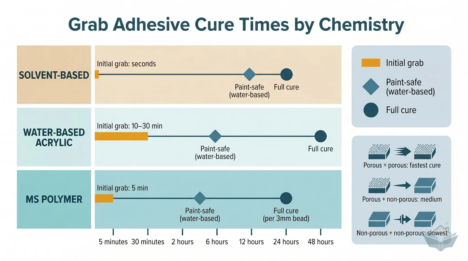 Infographic dashboard comparing cure times across the three grab adhesive chemistry families. Three horizontal rows (solvent-based, water-based acrylic, and MS polymer) are plotted against a shared 0-to-48-hour time axis. An amber bar shows initial grab duration, a teal diamond marks the paint-safe point, and a dark teal circle marks full cure for each chemistry. A sidebar panel shows that porous-to-porous bonds cure fastest and non-porous-to-non-porous bonds cure slowest.