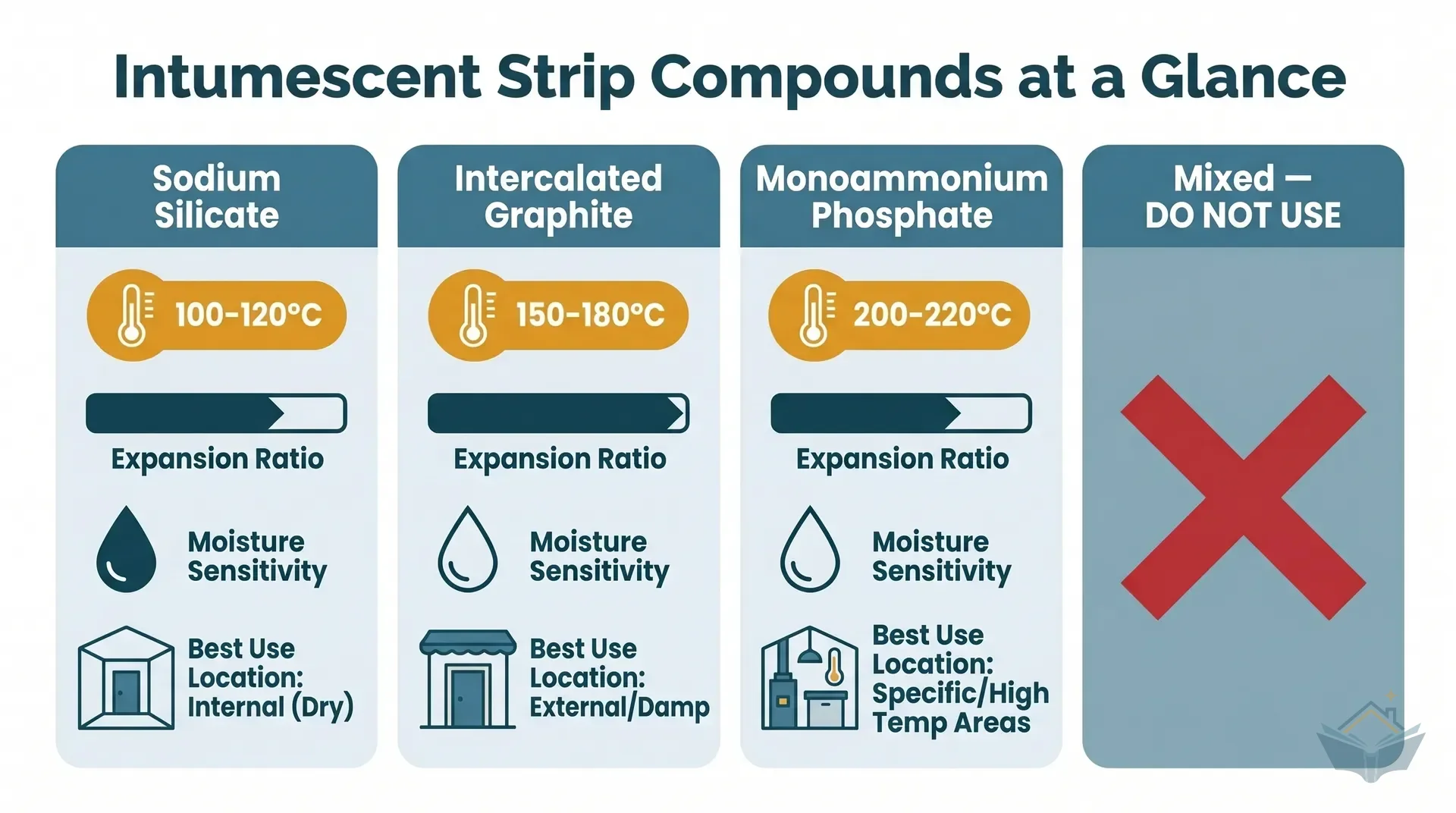Flat vector infographic comparing four intumescent strip compound types in a 2x2 grid. Top left: sodium silicate (activates above 100°C, expands 10x, rigid foam, avoid in damp areas). Top right: intercalated graphite (activates 150-190°C, expands 15-20x, sponge char, best for humid). Bottom left: monoammonium phosphate (activates above 180°C, expands 40x, soft foam, used in hinge pads). Bottom right: mixed brands (red warning tile, activates unevenly, seal fails, do not mix). Amber numbered badges on each tile, teal header bars, clean sans-serif labels.