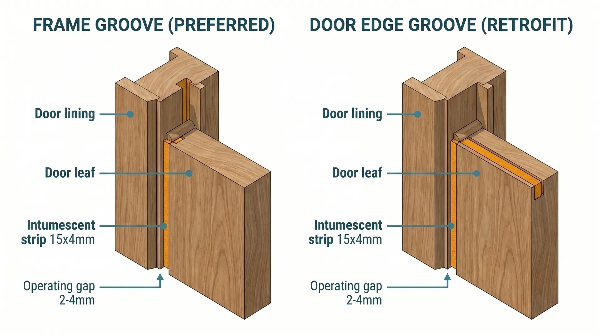 Side-by-side technical cross-section diagram comparing two intumescent strip installation positions. Left panel shows a strip seated in a 15x4mm routed groove on the inside face of the door lining (frame groove, preferred method) with the door leaf closed against it and a 2-4mm operating gap. Right panel shows the same junction with the groove cut into the edge of the door leaf instead (door edge groove, used for retrofit). Both panels show the door stop bead and architrave in context.