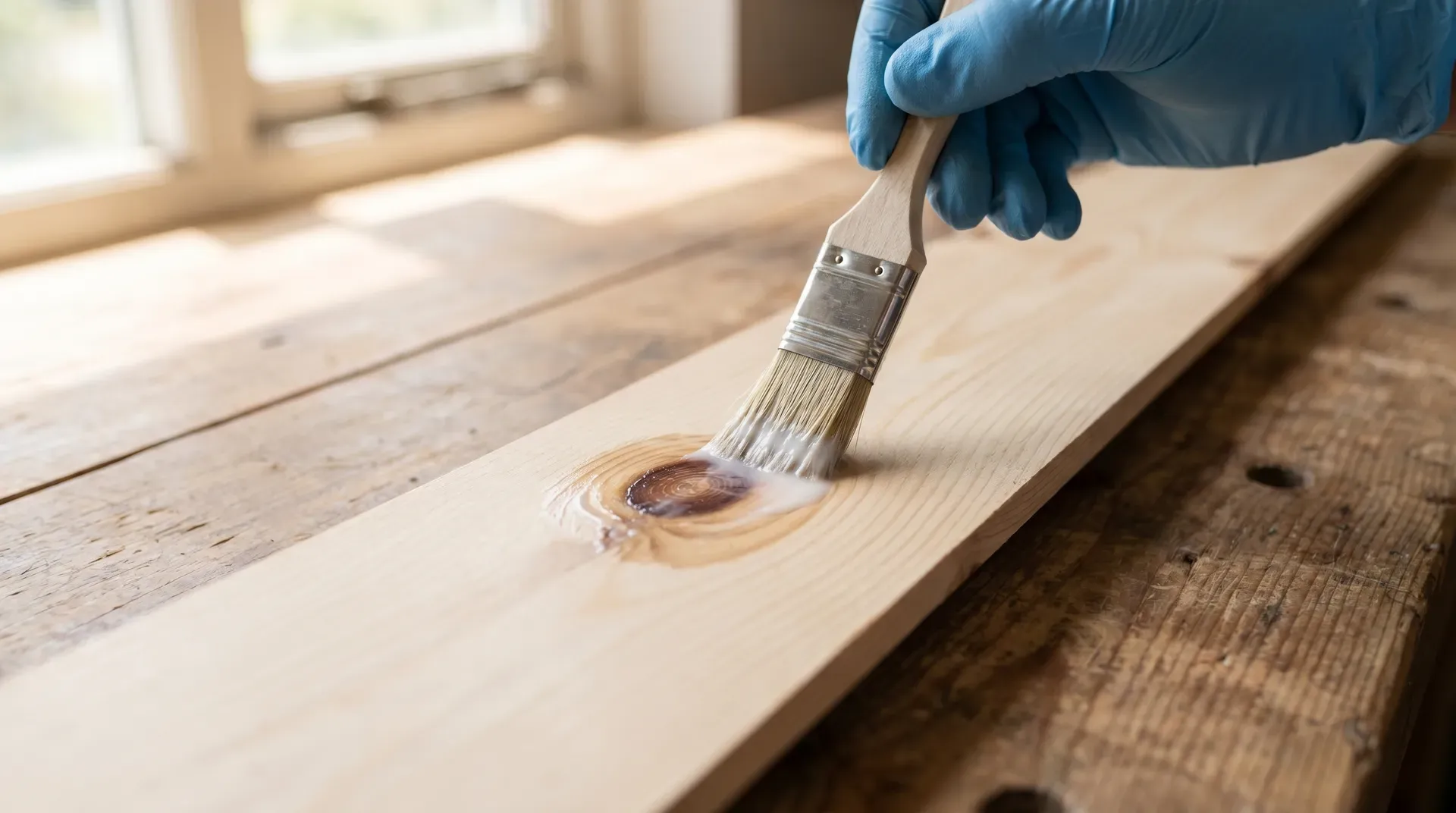 Close-up photograph of a gloved hand brushing pale white shellac knotting solution onto a dark pine knot on a length of bare softwood skirting board, using a small half-inch disposable brush. The dark knot ring is visible through the wet shellac coating on the timber surface.
