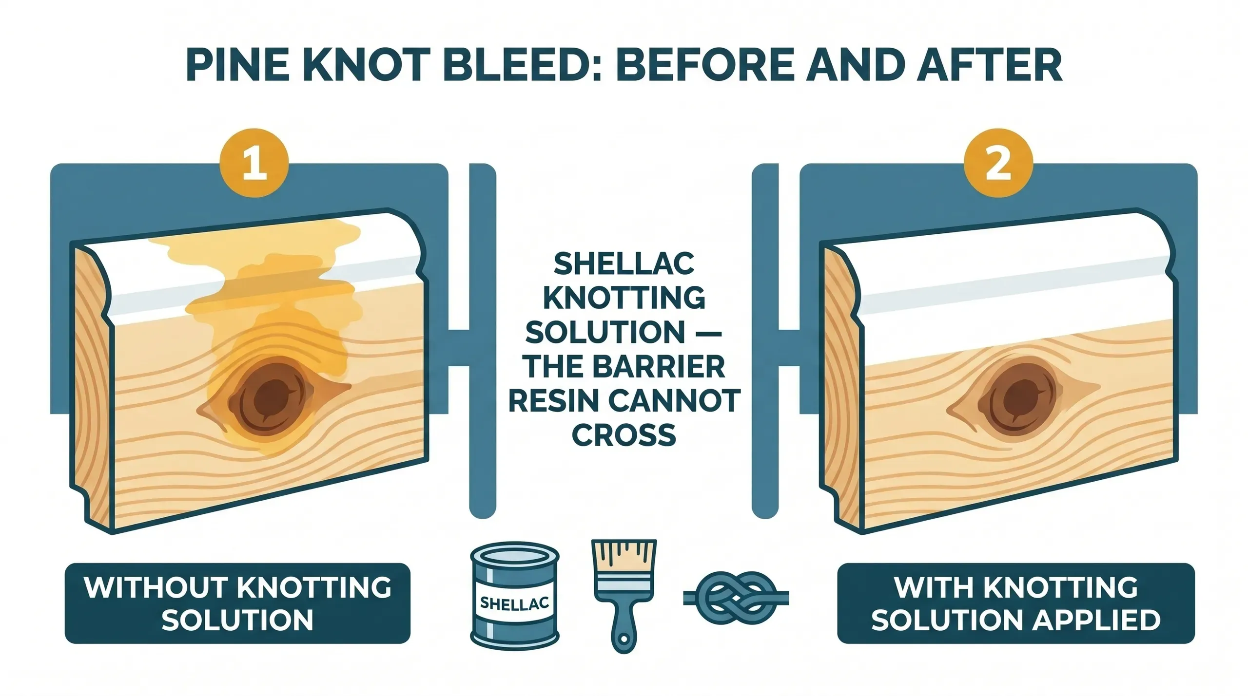 Side-by-side comparison of two pine skirting boards painted white. The left board shows clean white paint over a knotted area; the right board shows the same knot bleeding through as a yellow-orange stain through the white paint.