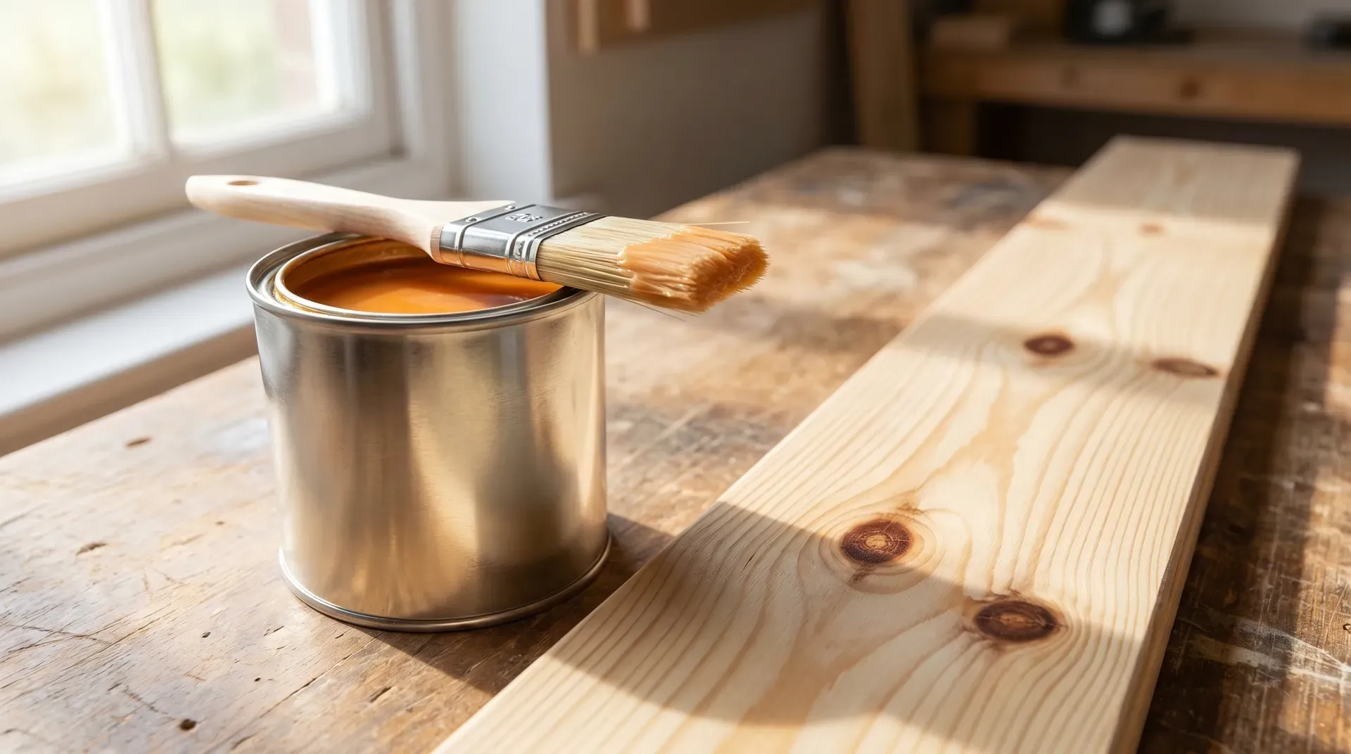 A small metal tin of UK shellac knotting solution with orange-brown liquid visible through the open top, standing on a wooden workbench beside a length of bare pine skirting board with three visible dark knots. A half-inch disposable brush with pale shellac on the bristles rests across the tin lid.