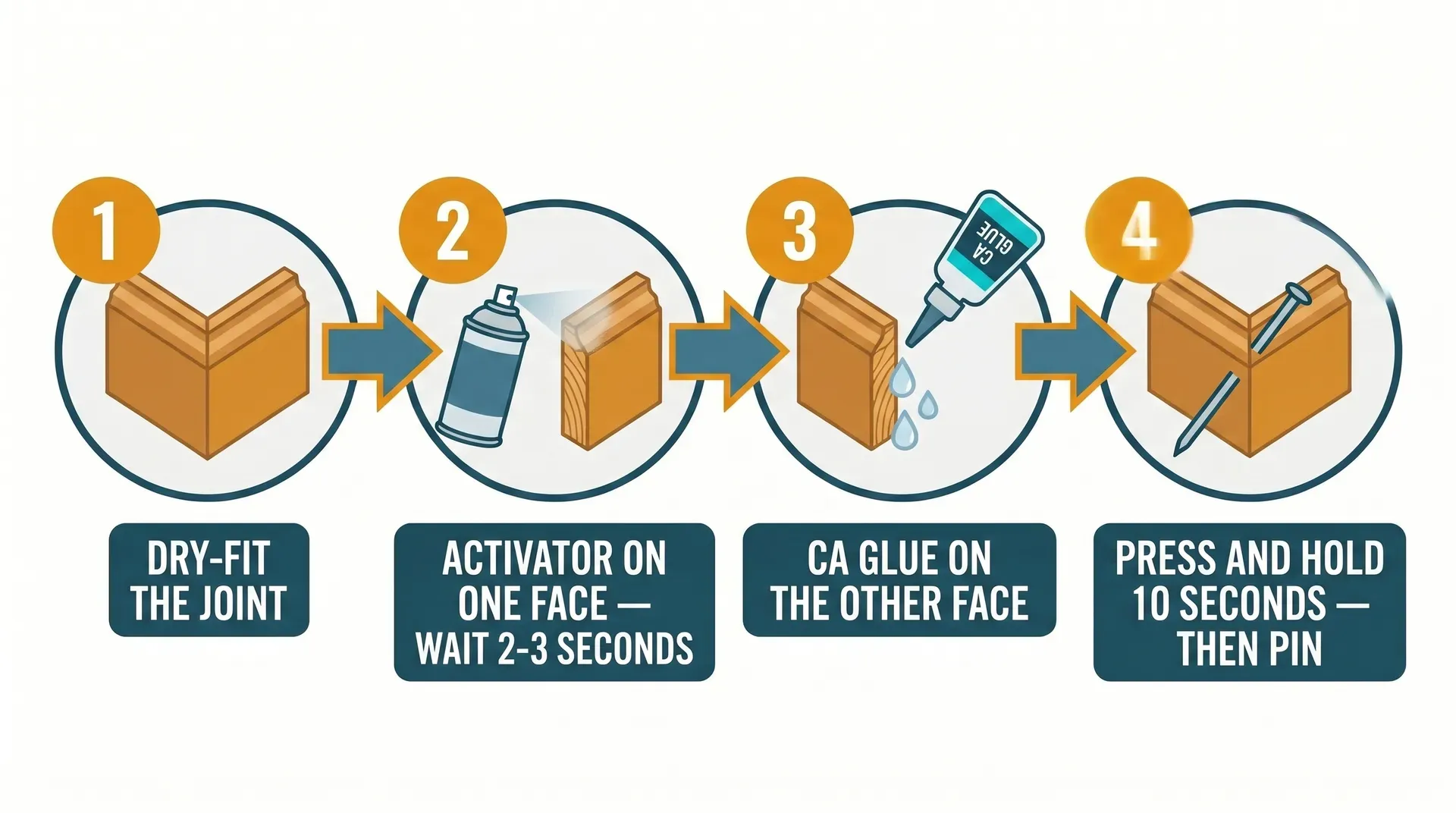 Four-step process infographic showing the correct sequence for bonding an external skirting mitre: Step 1 dry-fit the joint with no gap, Step 2 spray activator on one face, Step 3 apply CA glue drops on the other face, Step 4 press together and hold 10 seconds then drive a brad pin through the joint at 45 degrees.