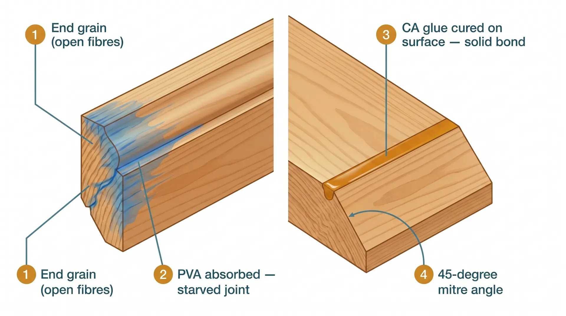 Side-by-side technical cutaway diagram comparing a 45-degree mitre joint bonded with PVA wood glue (left, showing glue absorbed into open end-grain fibres, leaving a starved joint) versus the same joint bonded with CA cyanoacrylate glue (right, showing a solid surface film cured before the glue could soak in).