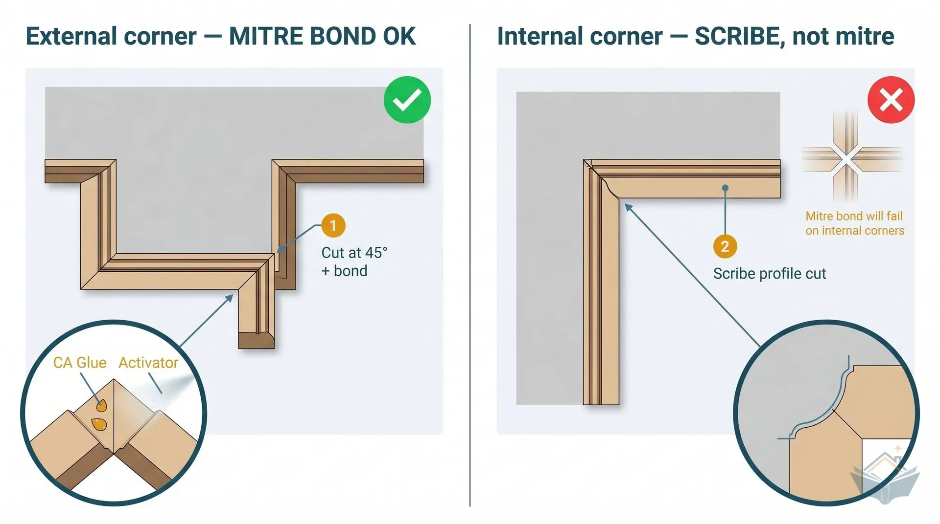 Top-down plan diagram in two panels contrasting an external skirting corner (left) where two pieces meet at an outward-facing 90-degree angle with both ends cut at 45 degrees and bonded with CA glue, versus an internal corner (right) where one piece runs square into the corner and the second is scribed to follow the moulded profile of the first. The left panel carries a green tick badge and the right panel carries a red cross over a ghosted mitred alternative, with the warning that mitre bond will fail on internal corners.