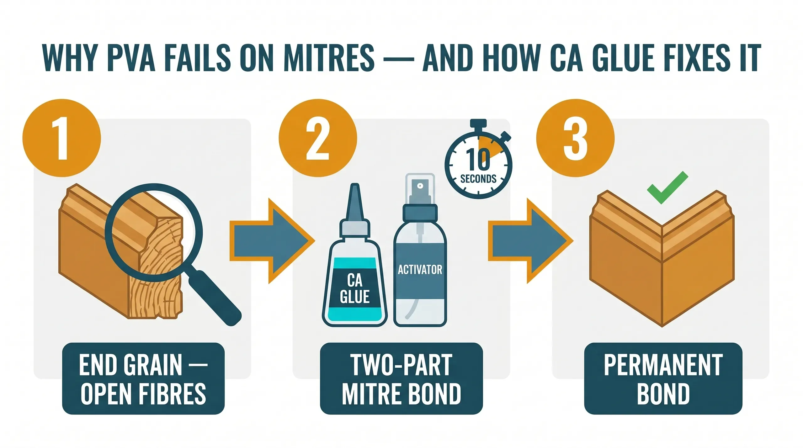 Annotated technical illustration of an external skirting mitre joint showing the two cut faces with adhesive applied to one and activator sprayed on the other, brought together at a right-angle external corner with a brad pin driven through the joint
