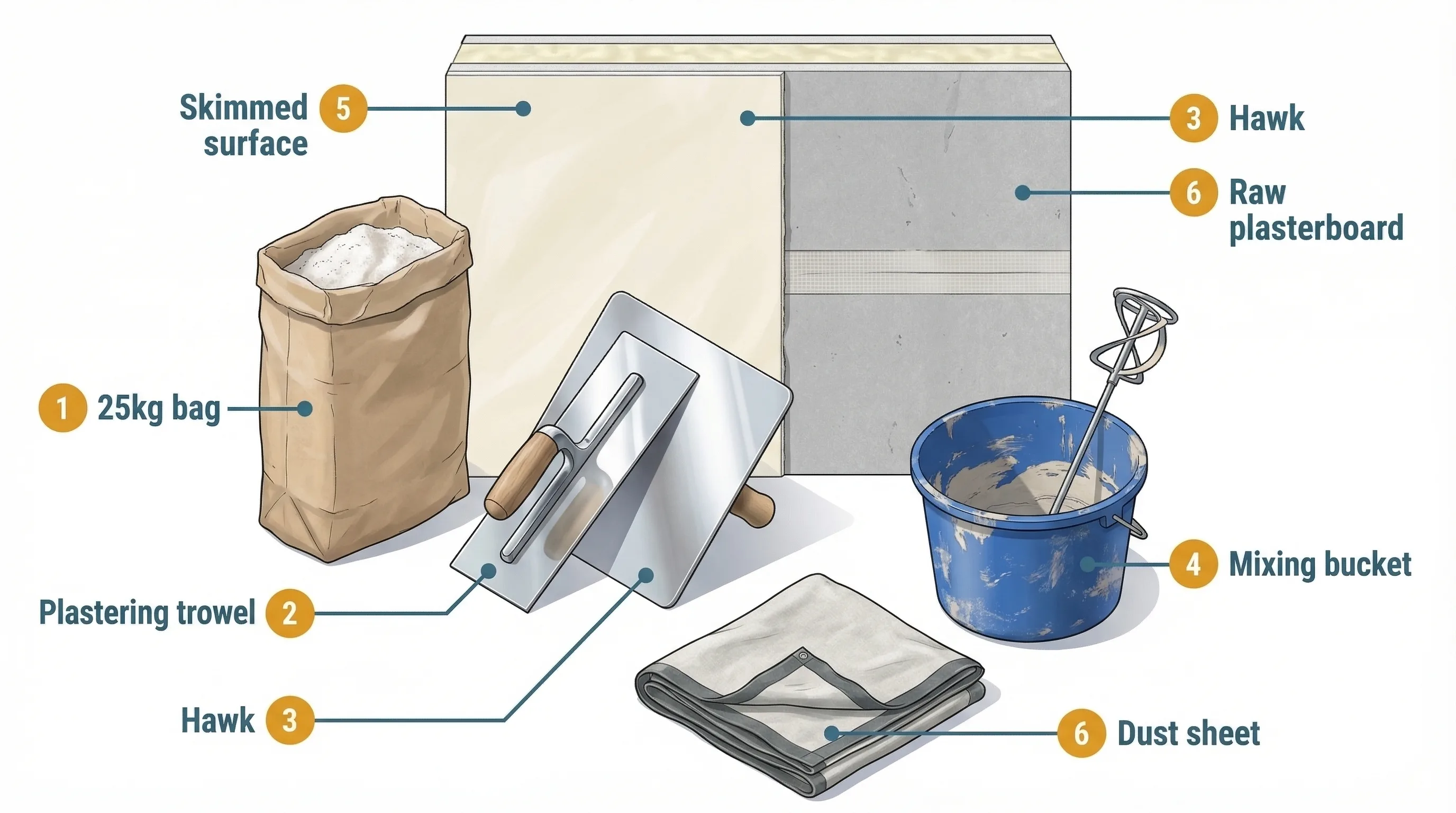 25kg bag of Thistle Multi-Finish plaster beside a hawk and trowel on a dust sheet, with a freshly skimmed wall in the background