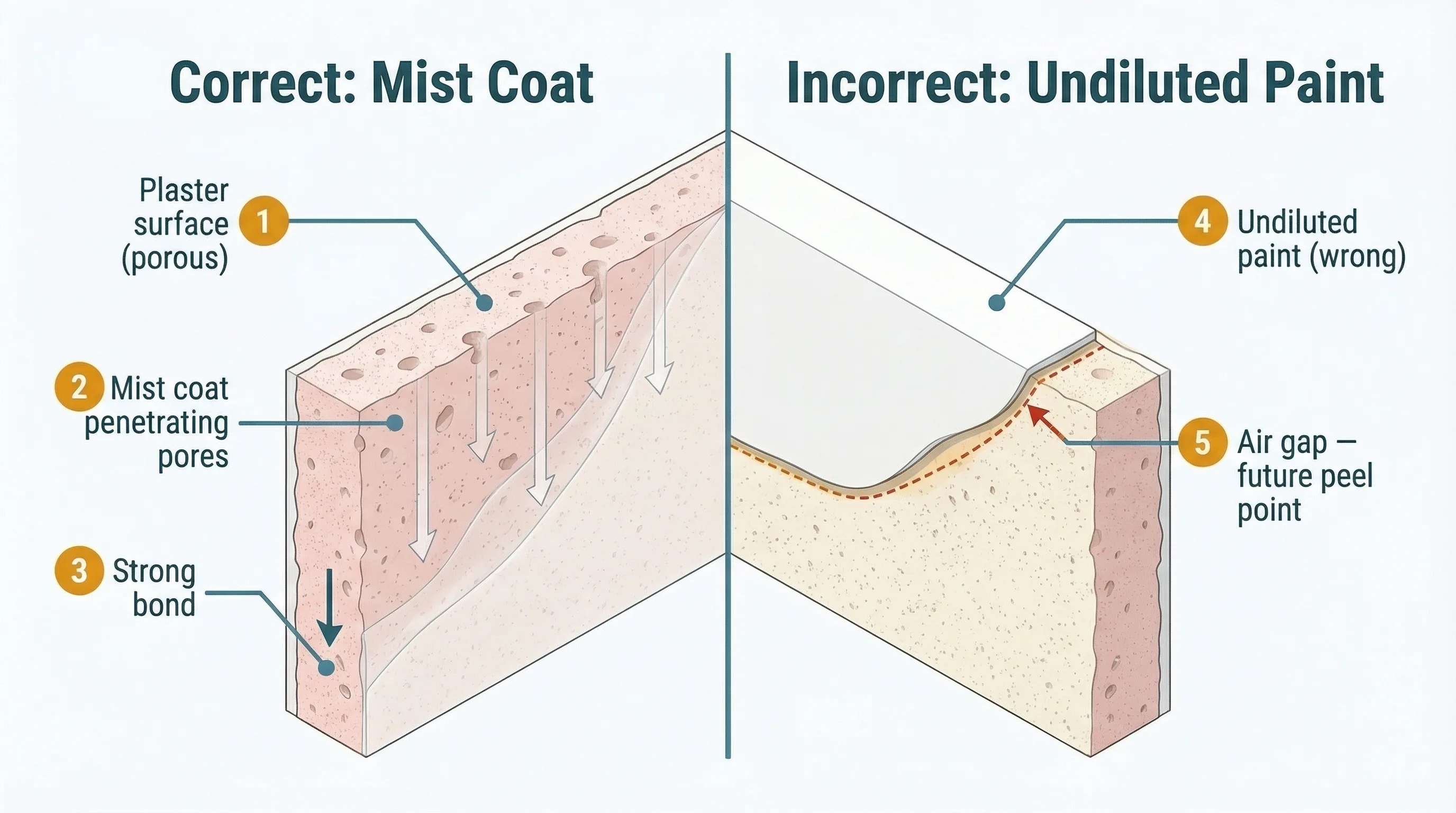 Split cross-section diagram of a plaster wall showing two scenarios side by side. On the left, correctly diluted mist coat penetrates into the plaster pores creating a strong bond. On the right, undiluted paint sits on the surface as an opaque skin with an air gap forming at the interface, the future delamination point.