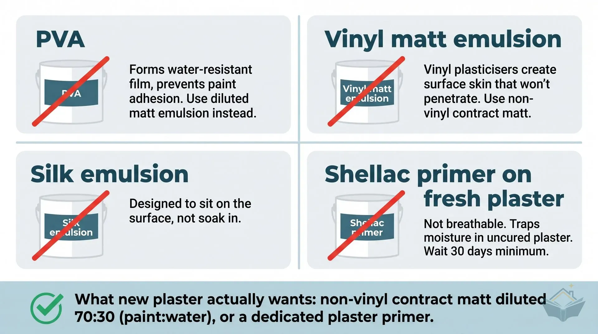Four-tile reference card showing products that should not be used on new plaster: PVA (forms water-resistant film), vinyl matt emulsion (plasticisers create surface skin), silk emulsion (sits on surface rather than penetrating), and shellac primer on fresh plaster (not breathable, traps moisture). Each tile has a red diagonal cross-out. Footer shows what to use instead: non-vinyl contract matt diluted 70:30.