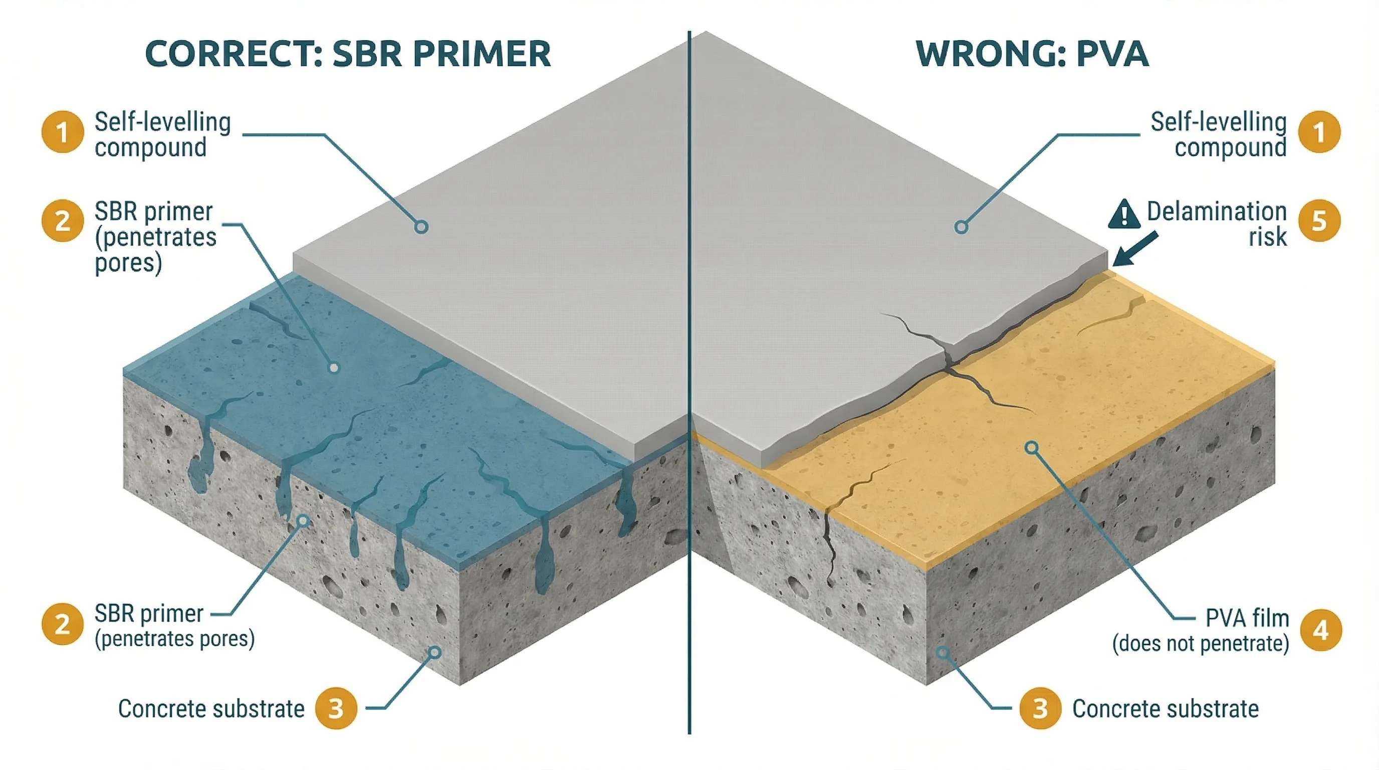 Cross-section diagram comparing correct SBR primer application, which penetrates into concrete pores allowing compound to bond fully, against incorrect PVA application, which sits as a surface film and creates a delamination risk between the compound and the substrate.