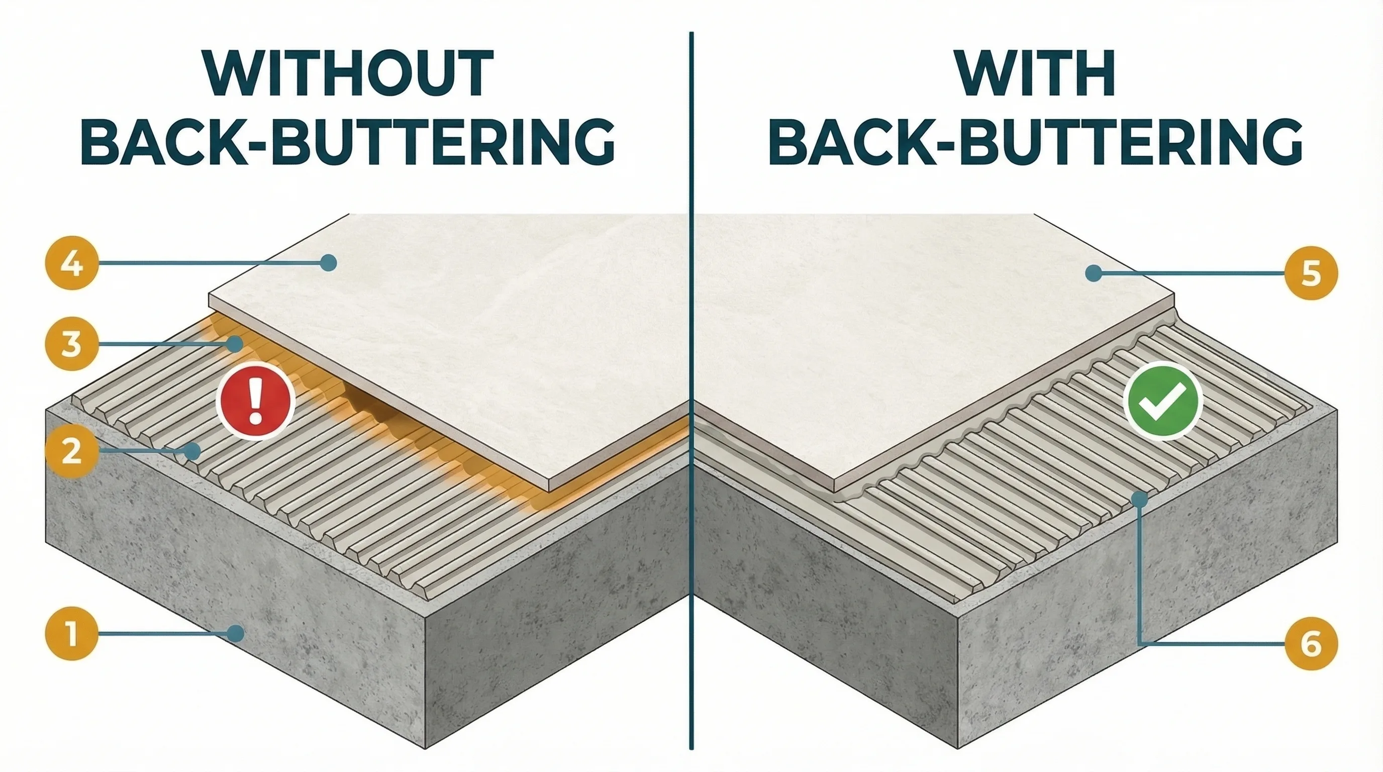 Technical isometric cutaway cross-section comparing floor tiling without back-buttering (showing air gaps between adhesive ridges and the tile) against tiling with back-buttering applied to the tile back (showing full contact and no hollow spots). Six annotated callouts identify the substrate, combed adhesive ridges, air gap, tile, back-butter skim coat, and full contact zone.